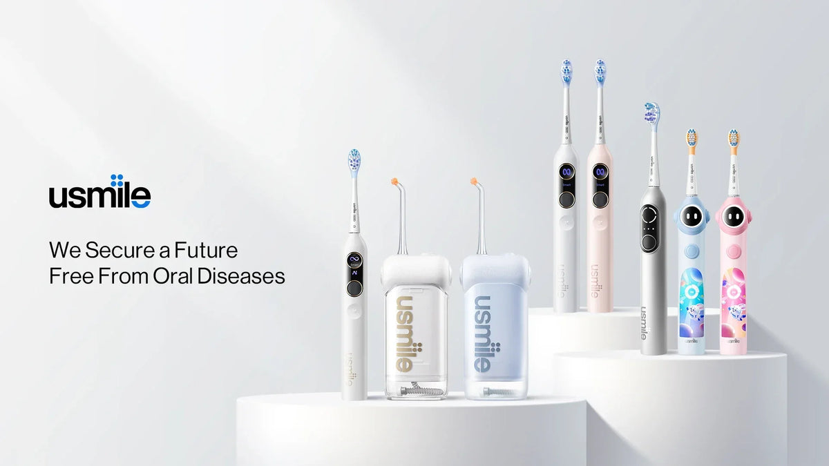 usmile electric toothbrushes and water flossers for adults and children displayed on white pedestals