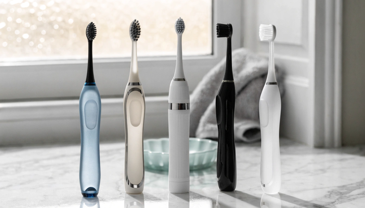 Five electric toothbrushes in assorted colors standing on a bathroom countertop