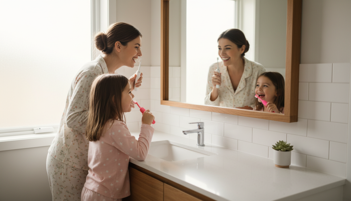 Mother and daughter brushing their teeth together with electric toothbrushes at a bathroom sink