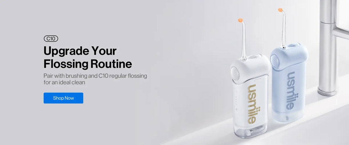 White and light blue usmile C10 water flossers beside a sink with the text Upgrade Your Flossing Routine