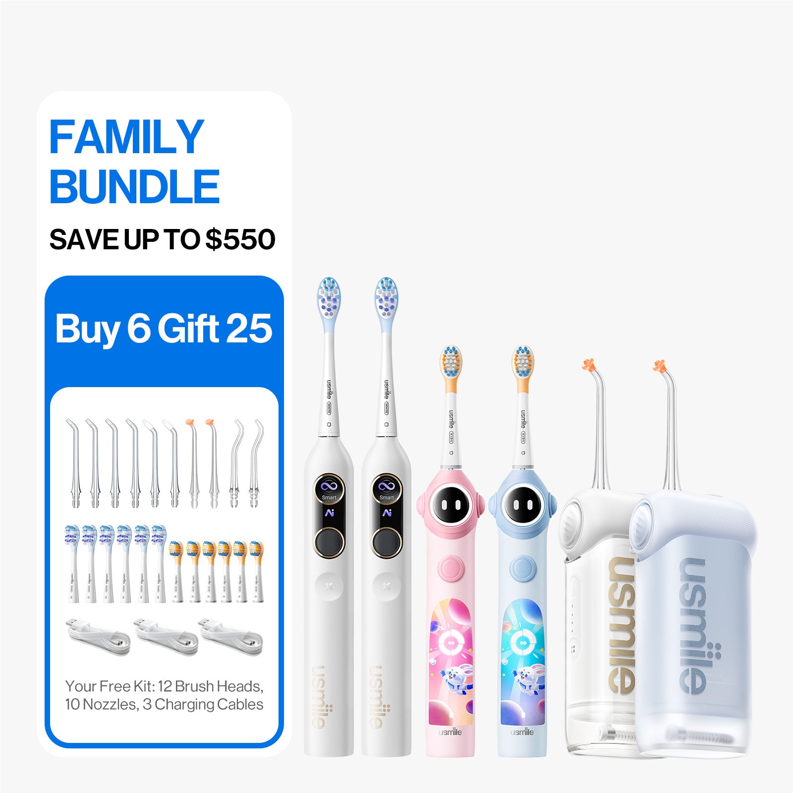 usmile Family Packs – Toothbrush for Adult & Kids+Flosser+Accessories