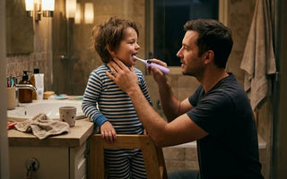 A smiling mother holding a glass of water and her 6-year-old child in pumpkin pajamas brushing teeth at a warm, naturally lit bathroom sink using a pastel-blue kids' sonic electric toothbrush with a front smart display screen.