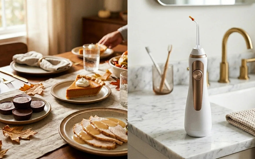 Braces-friendly holiday treats including soft peanut butter cups and pumpkin pie next to a cordless water flosser with an S-shaped orthodontic nozzle