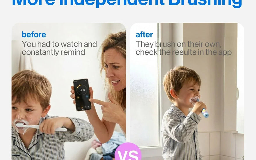 Child brushing independently with the usmile Q30 kids electric toothbrush while a parent checks brushing results in the app