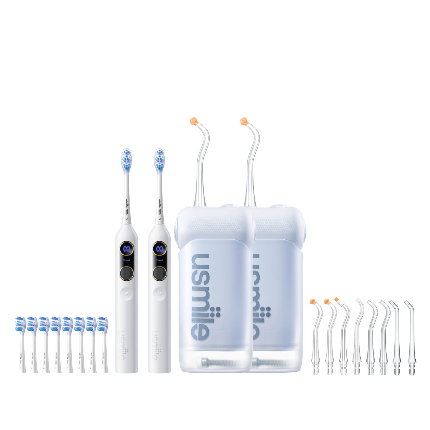 usmile couple set with two white electric toothbrushes, two blue water flossers, replacement brush heads and nozzles