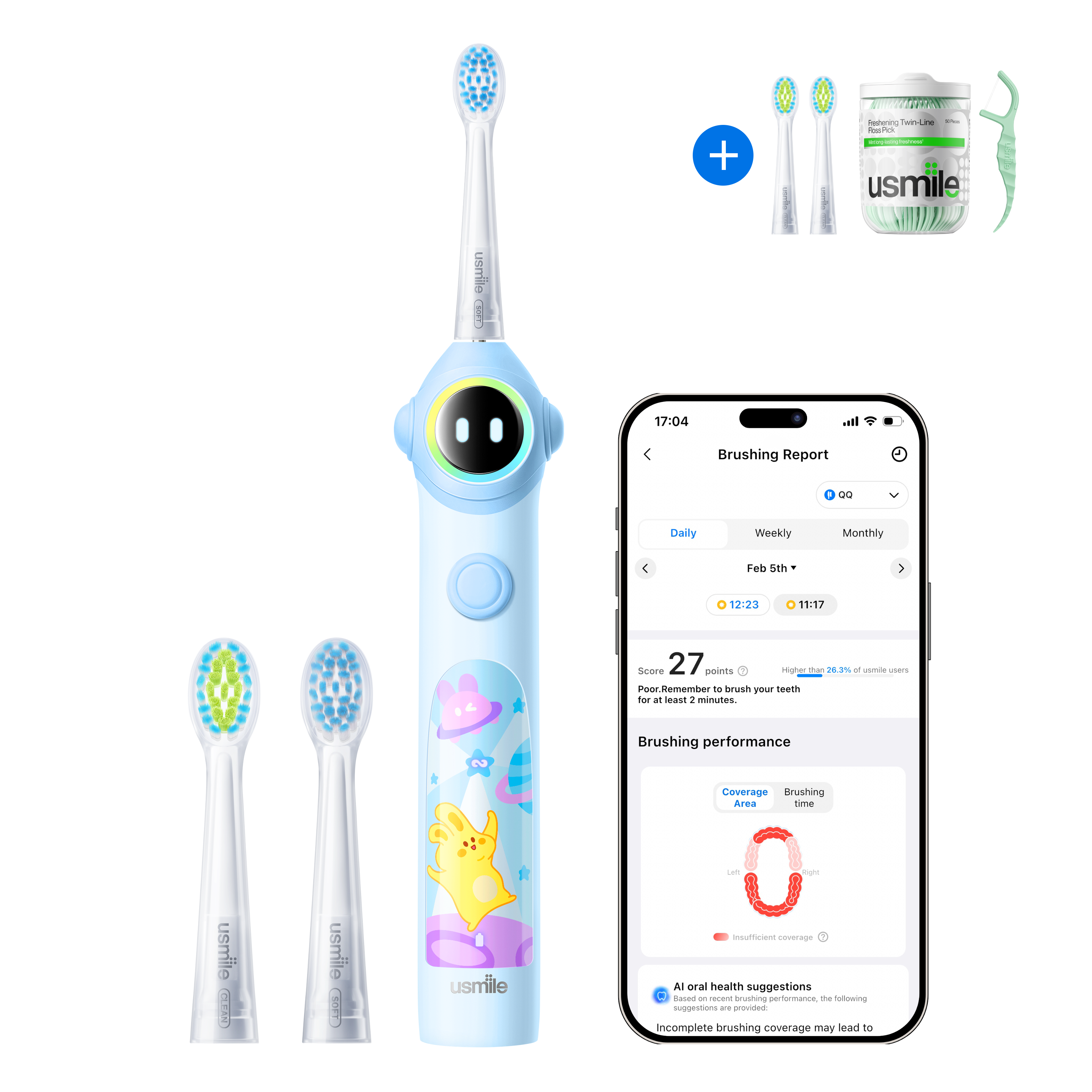 usmile Q30 Kids Electric Toothbrush × Dental Floss Picks Twin-Line for Deep Cleaning × Replacement Brush Head