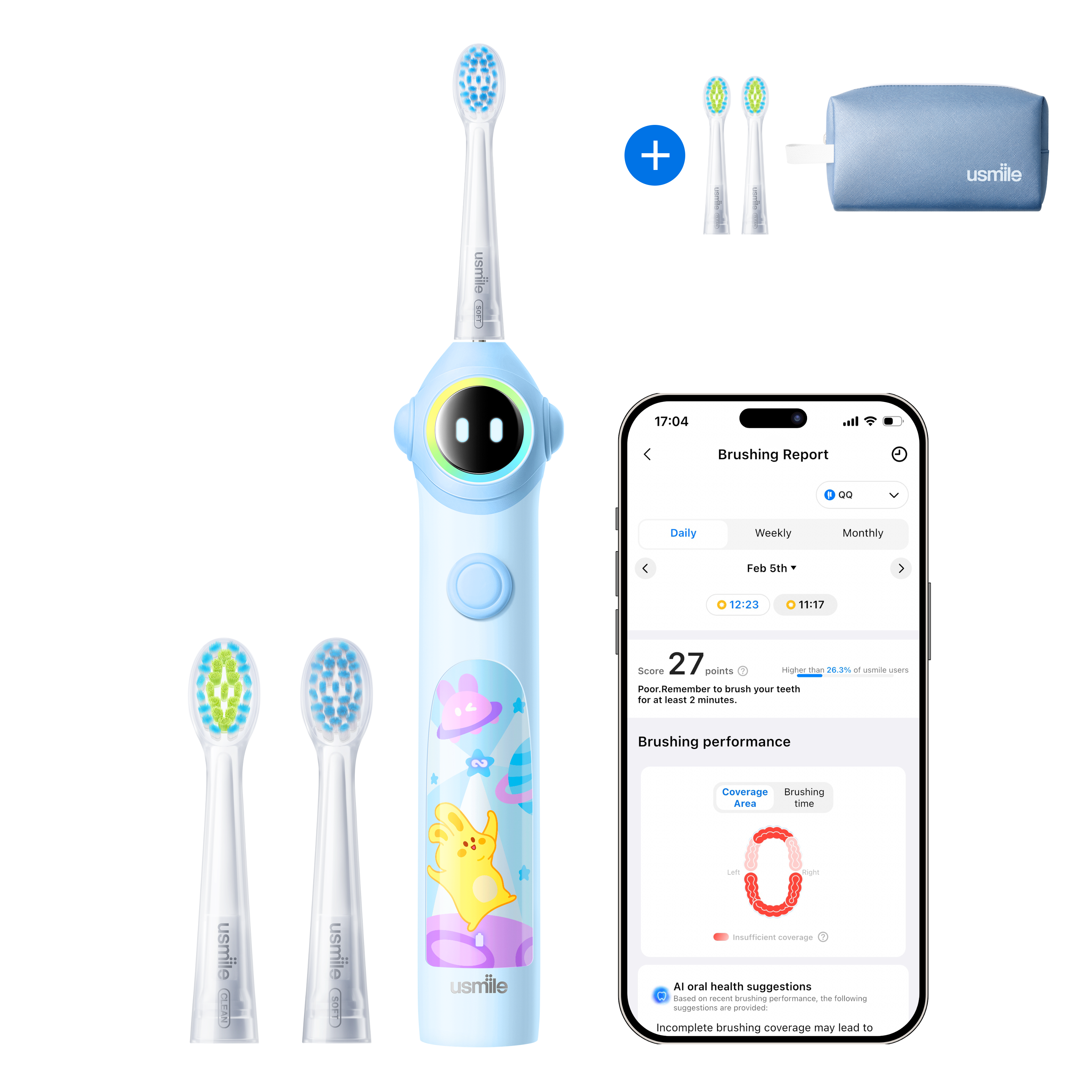 usmile Q30 Kids Electric Toothbrush × Waterproof Travel Toiletry Bag × Replacement Brush Head