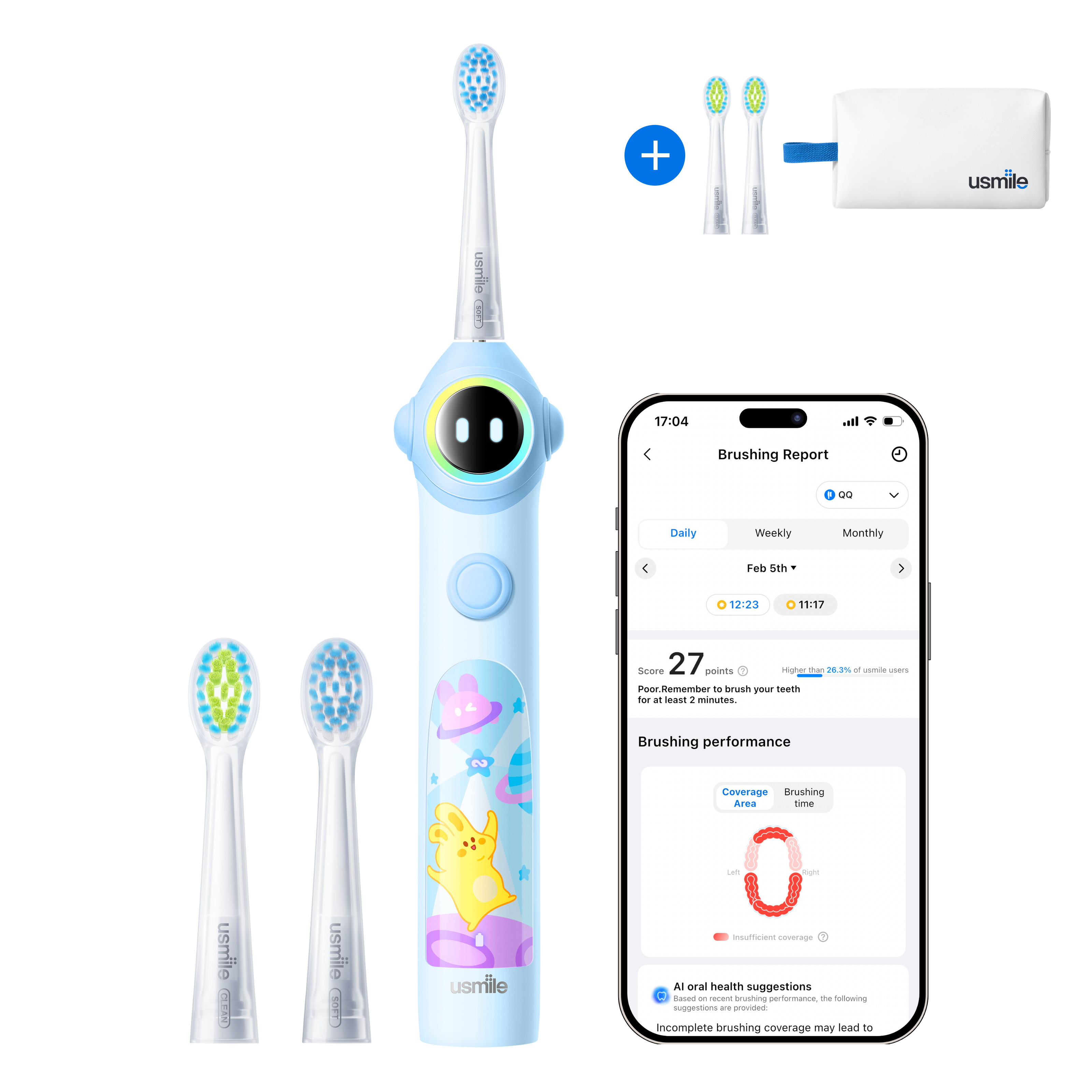 usmile Q30 Kids Electric Toothbrush × Waterproof Travel Toiletry Bag × Replacement Brush Head