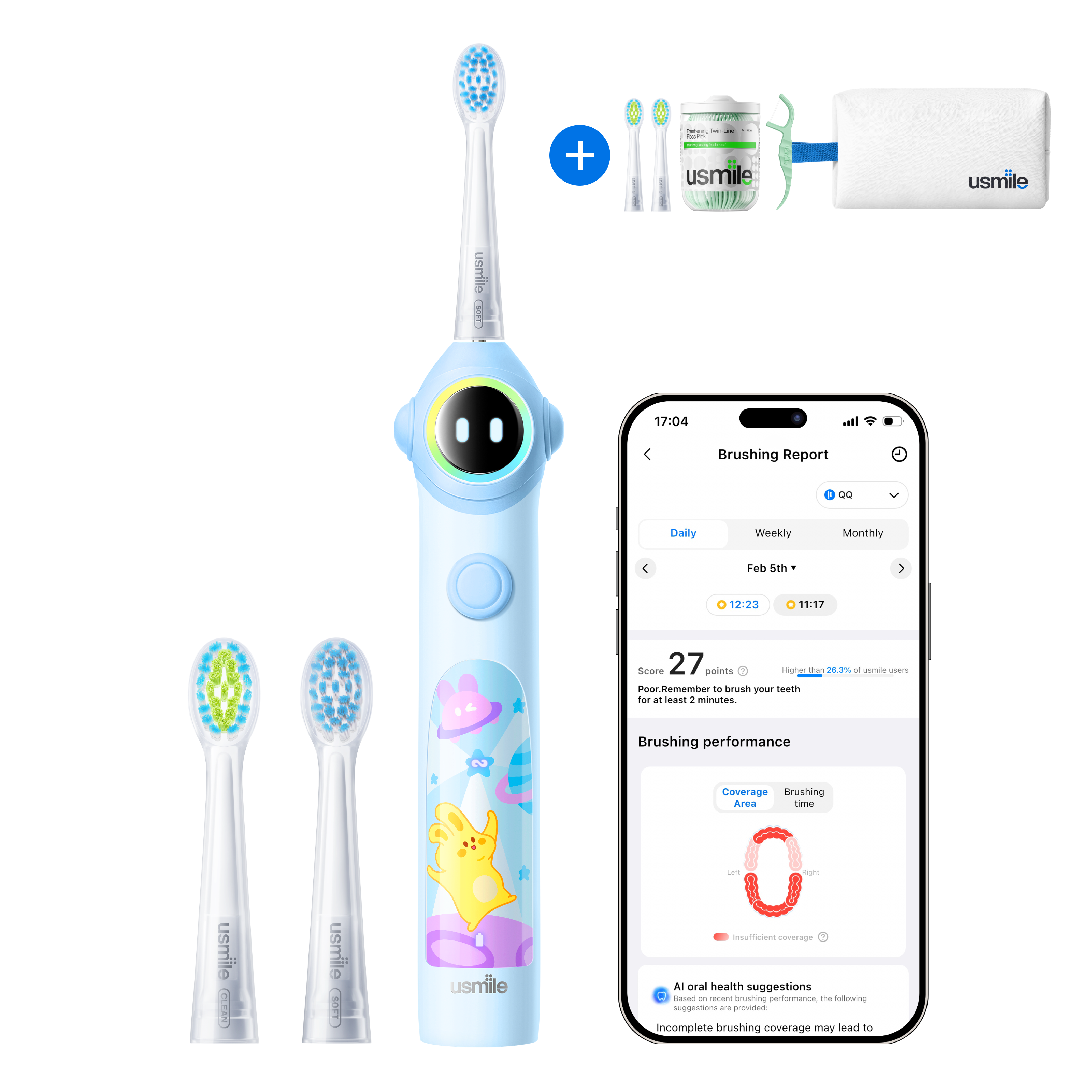 usmile Q30 Kids Electric Toothbrush × Waterproof Travel Toiletry Bag × Replacement Brush Head ×  Dental Floss Picks Twin-Line for Deep Cleaning