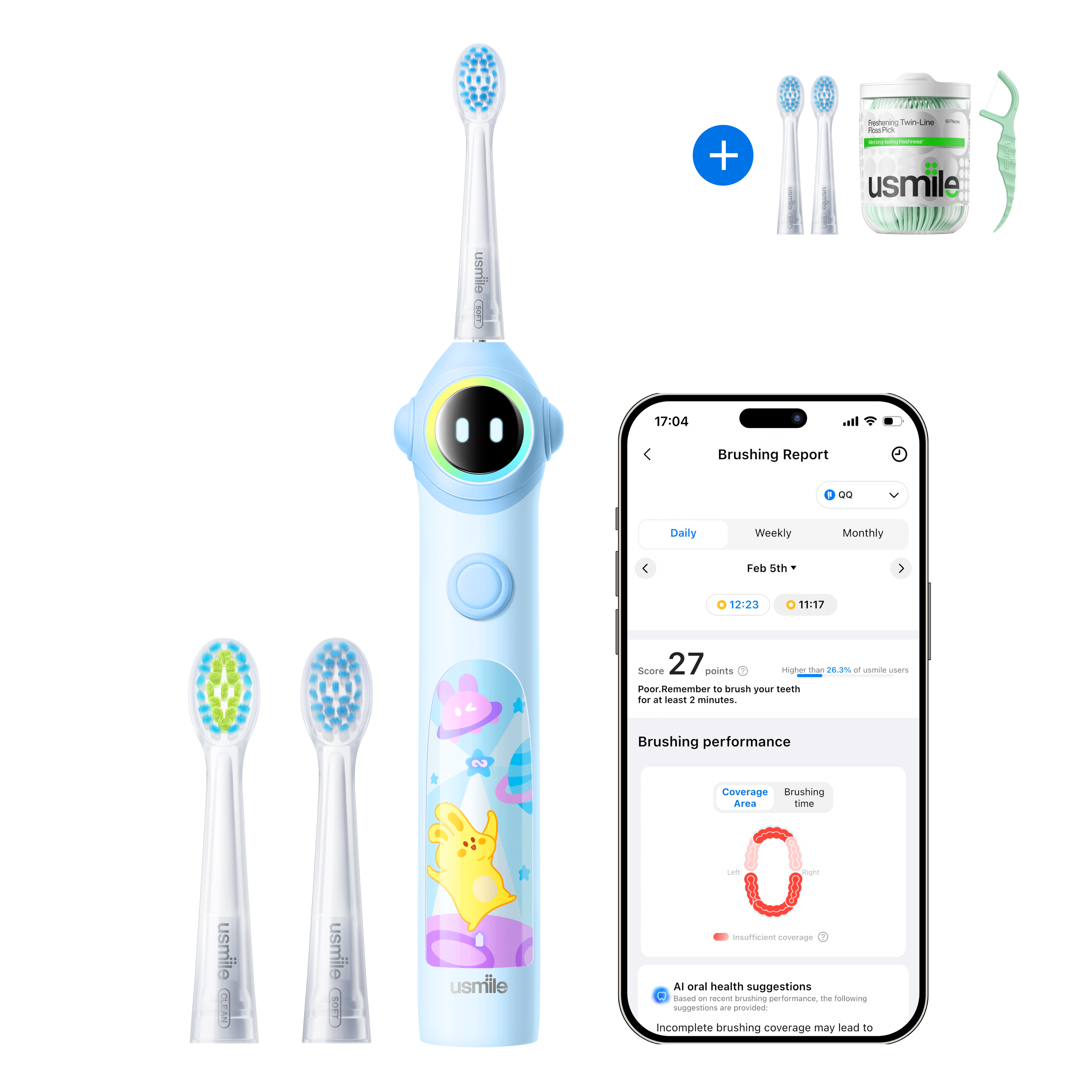usmile Q30 Kids Electric Toothbrush × Dental Floss Picks Twin-Line for Deep Cleaning × Replacement Brush Head