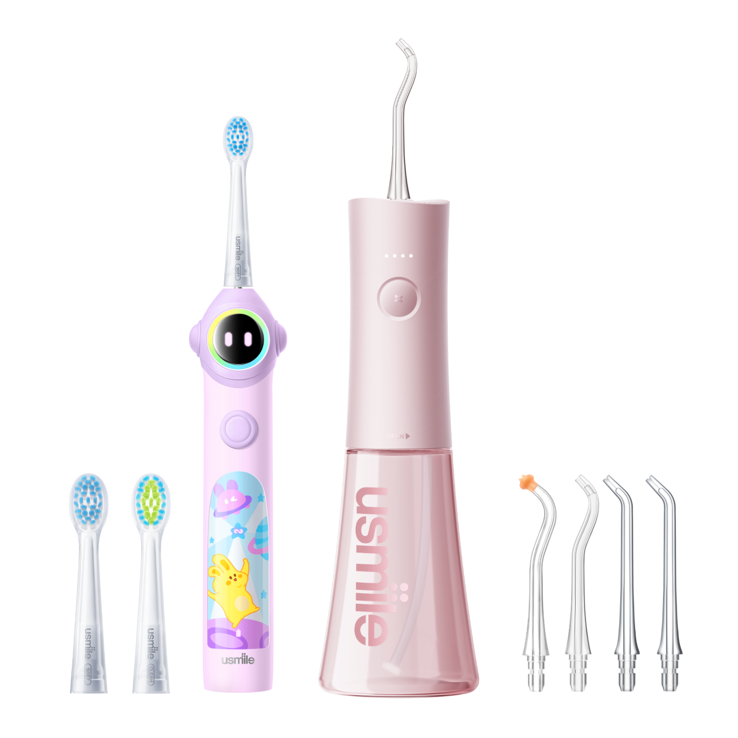 Pink usmile C30SE portable dental flosser and purple Q30 kids electric toothbrush with replacement tips and brush heads
