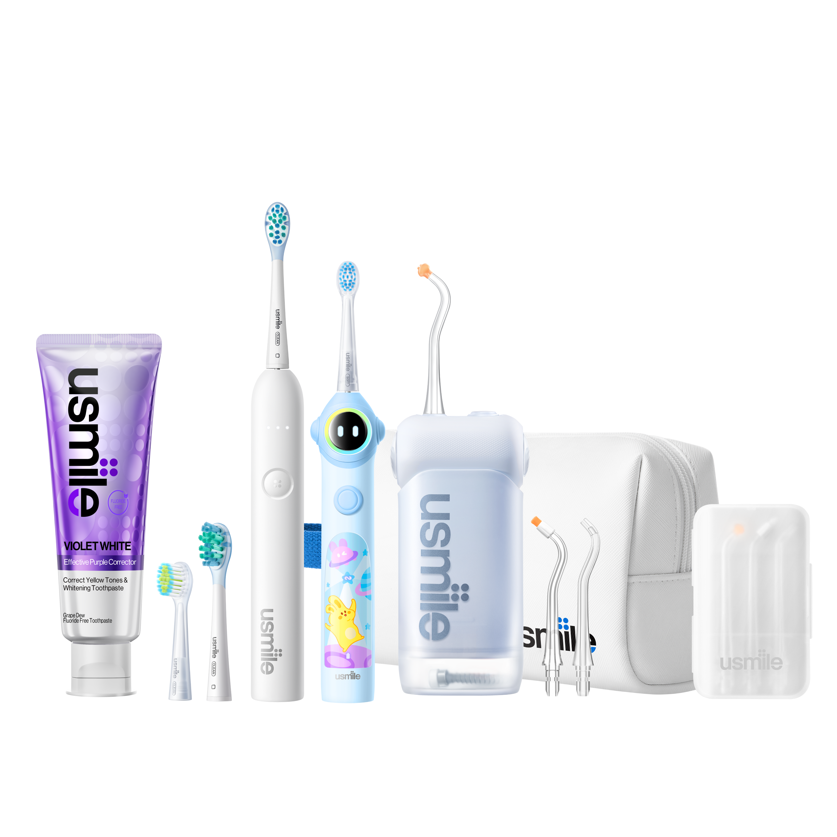 usmile C10 water flosser, P10S adult electric toothbrush, Q30 kids toothbrush, toothpaste, and accessories