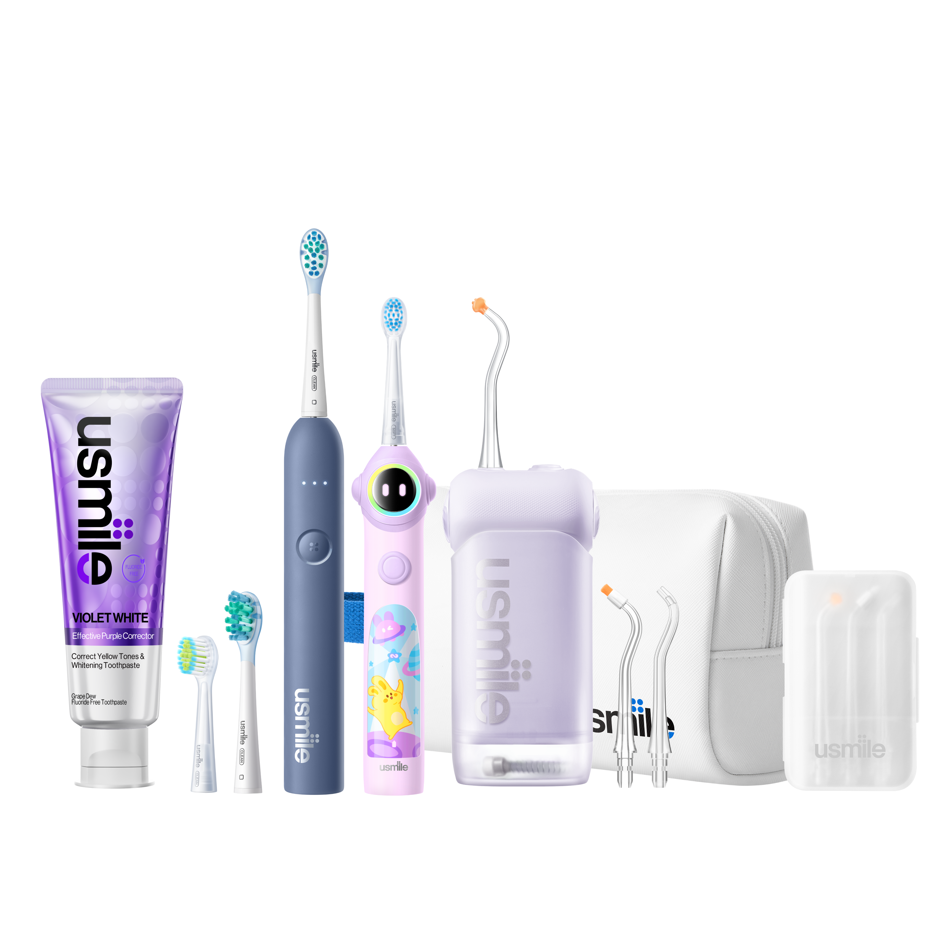 usmile C10 water flosser, P10S adult and Q30 kids' electric toothbrushes in blue and purple with accessories