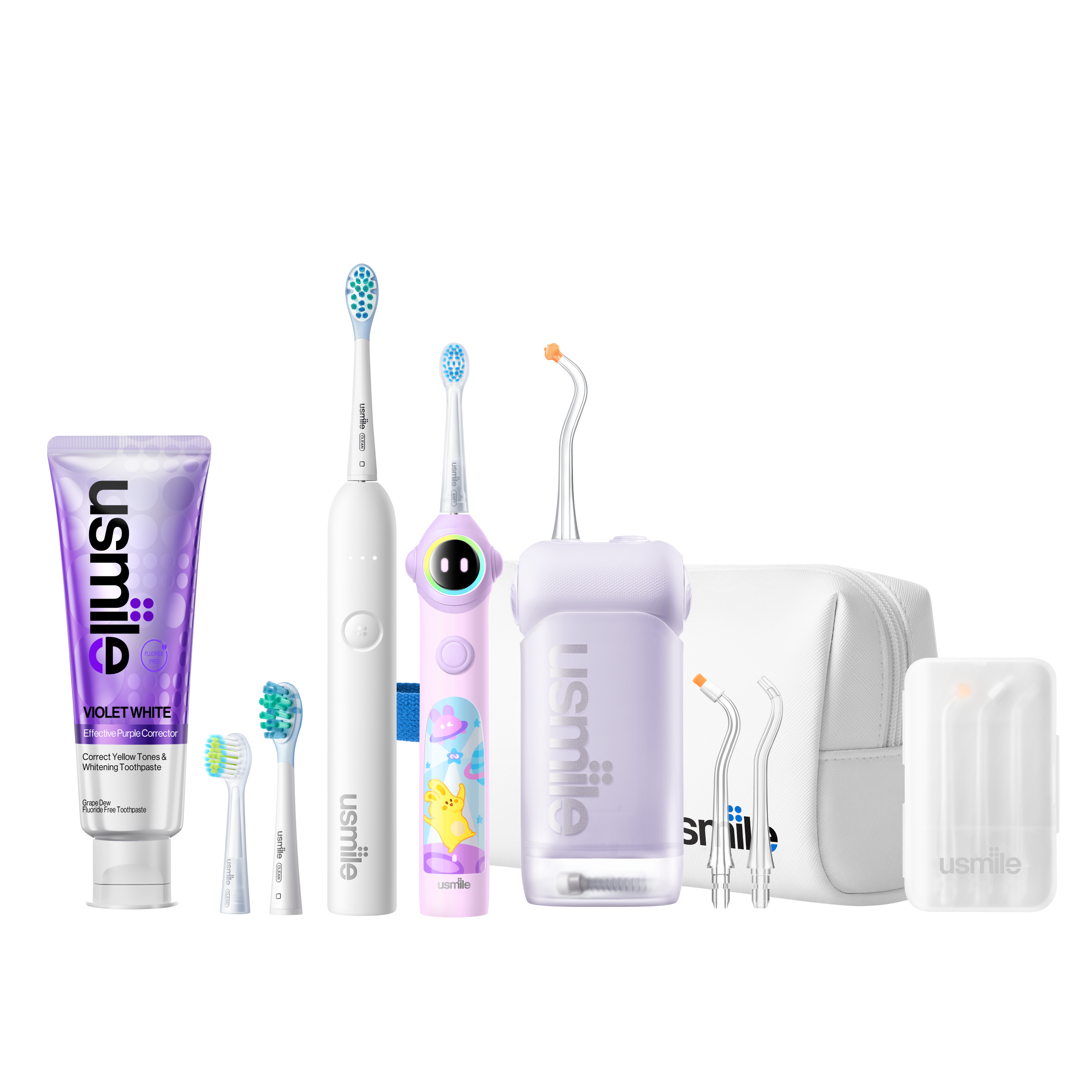 usmile C10 purple water flosser, white P10S adult electric toothbrush, purple Q30 kids toothbrush, and accessories