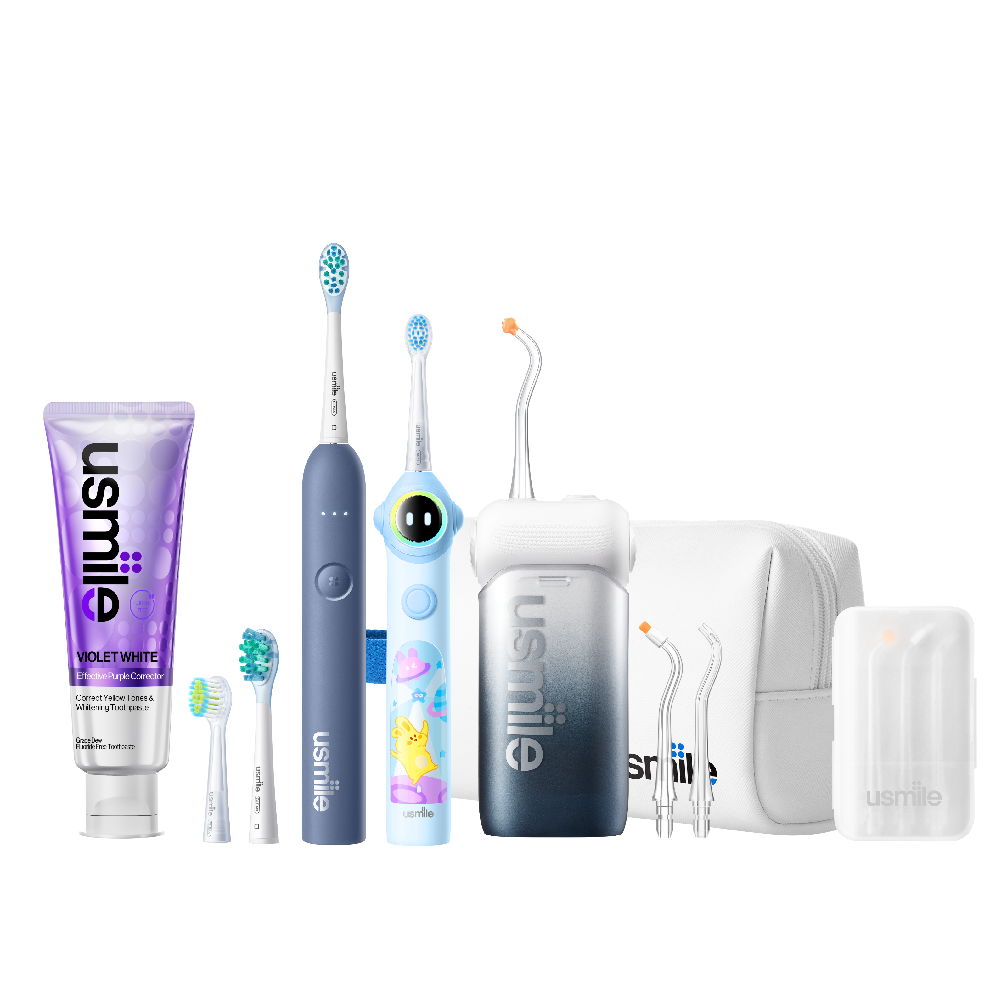 usmile C10 water flosser with P10S adult and Q30 kids electric toothbrushes, toothpaste and accessories