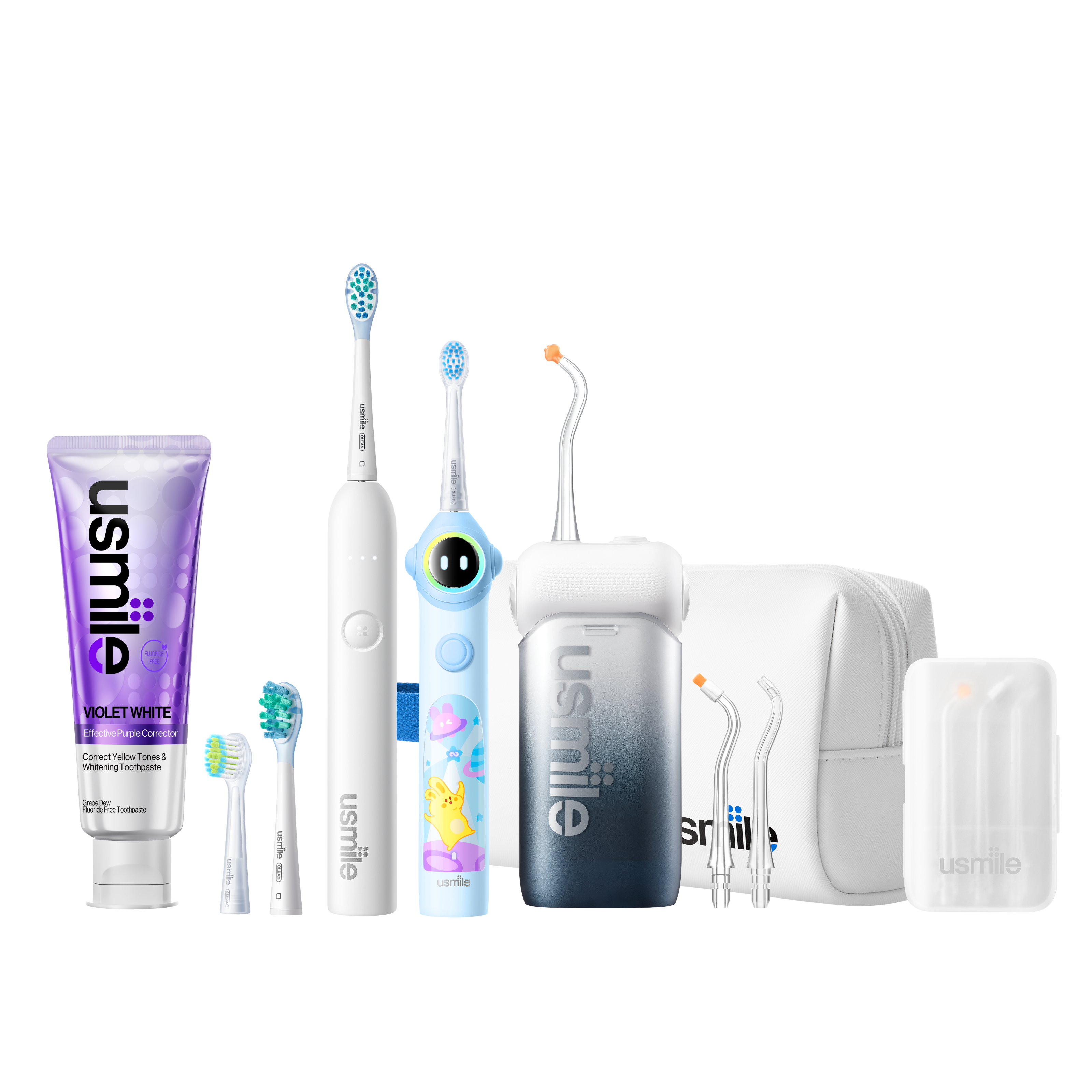 usmile C10 water flosser, P10S adult and Q30 kids electric toothbrush bundle with toothpaste and accessories