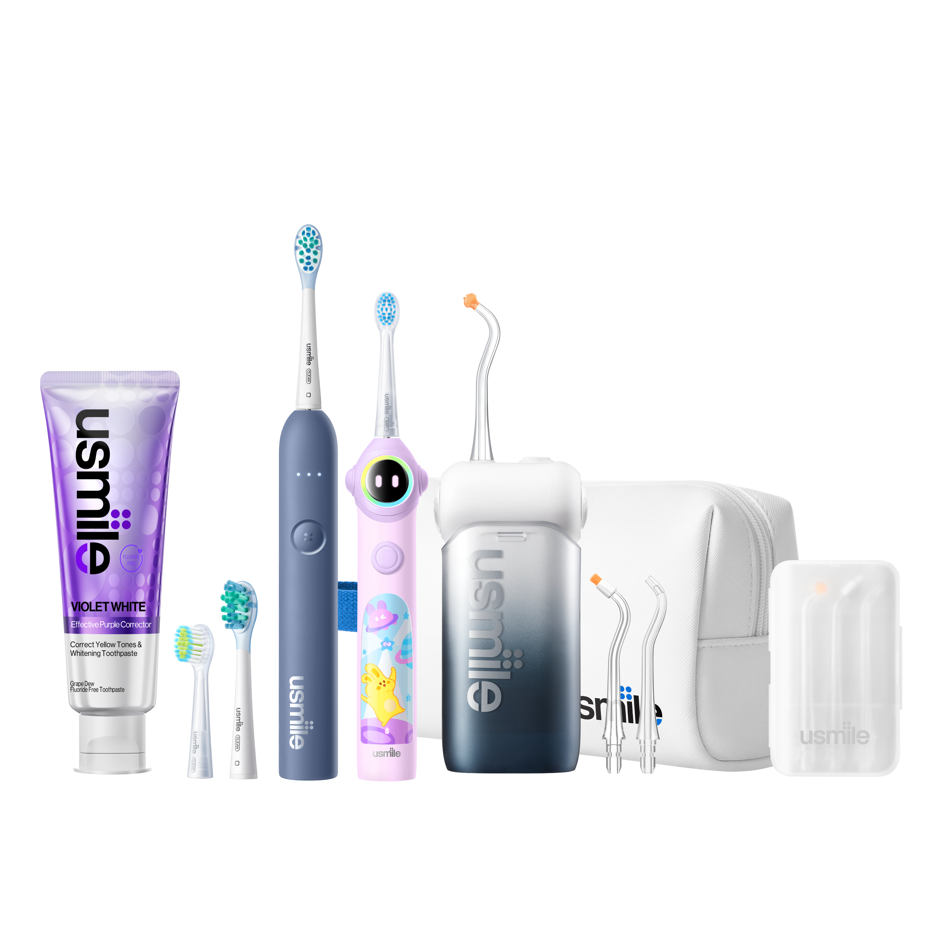 usmile C10 water flosser in Inkstone Black, blue P10S adult and purple Q30 kids electric toothbrushes with accessories