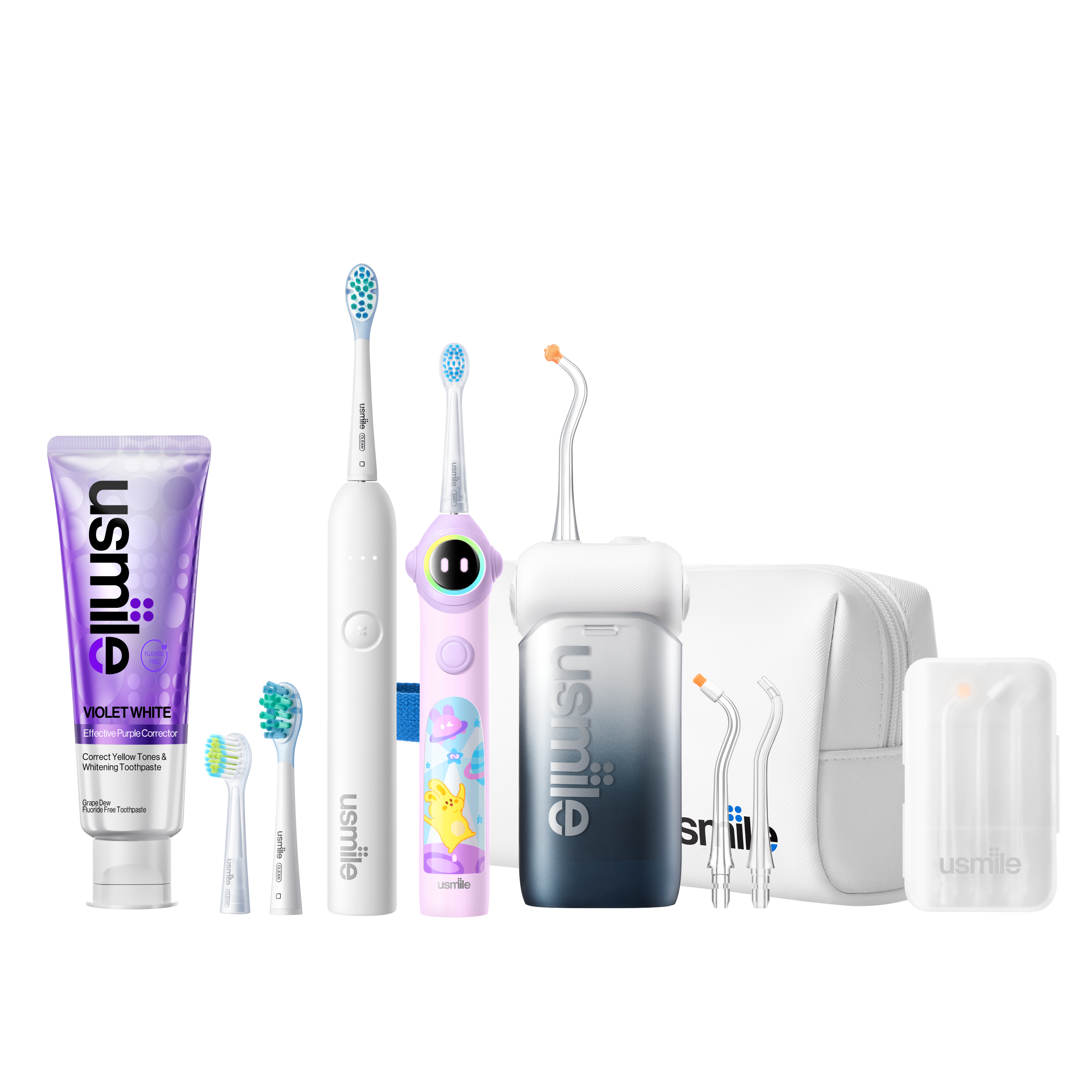 usmile C10 Inkstone Black water flosser, white P10S adult toothbrush and purple Q30 kids toothbrush with accessories