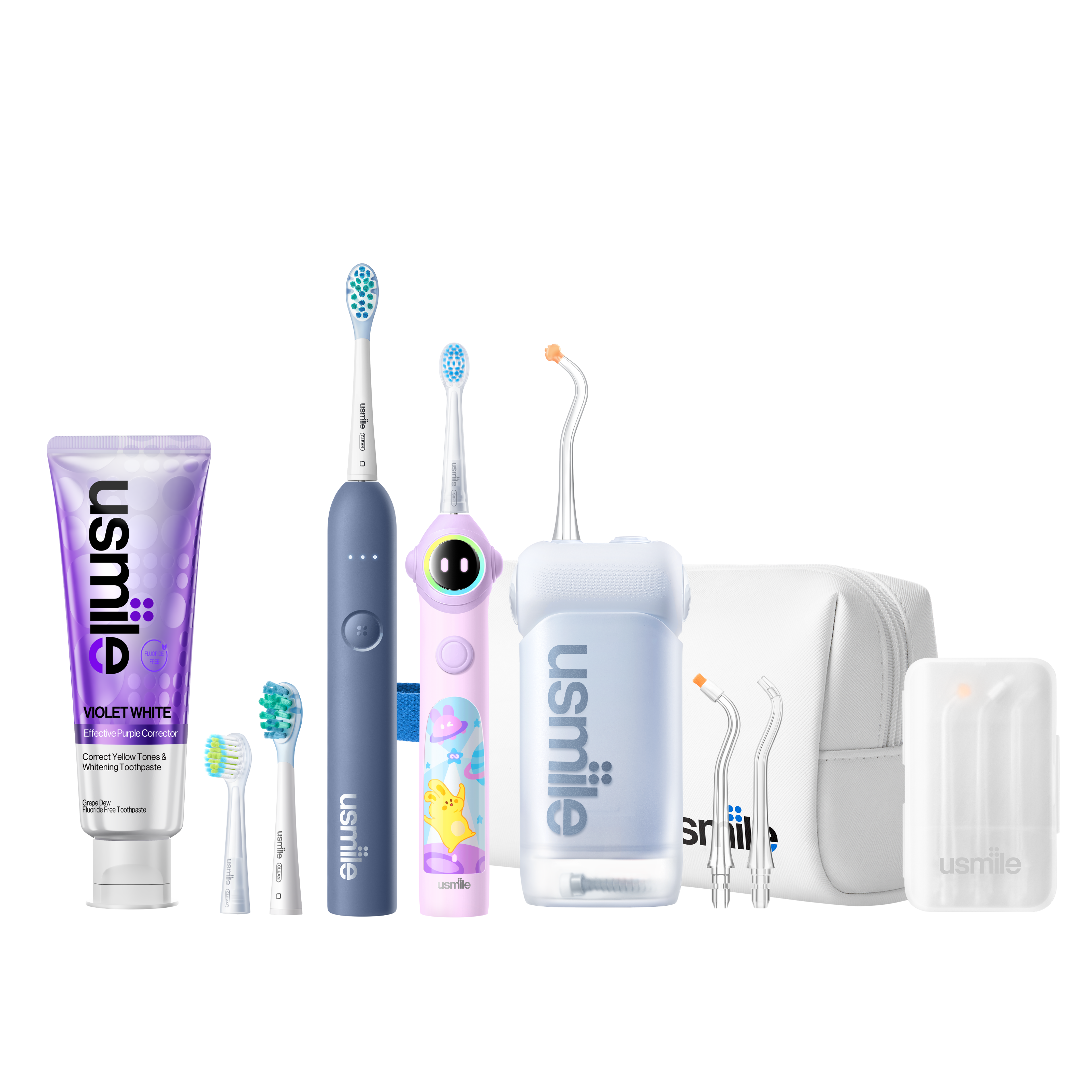 usmile bundle with C10 water flosser, P10S adult toothbrush, Q30 kids toothbrush, toothpaste and accessories