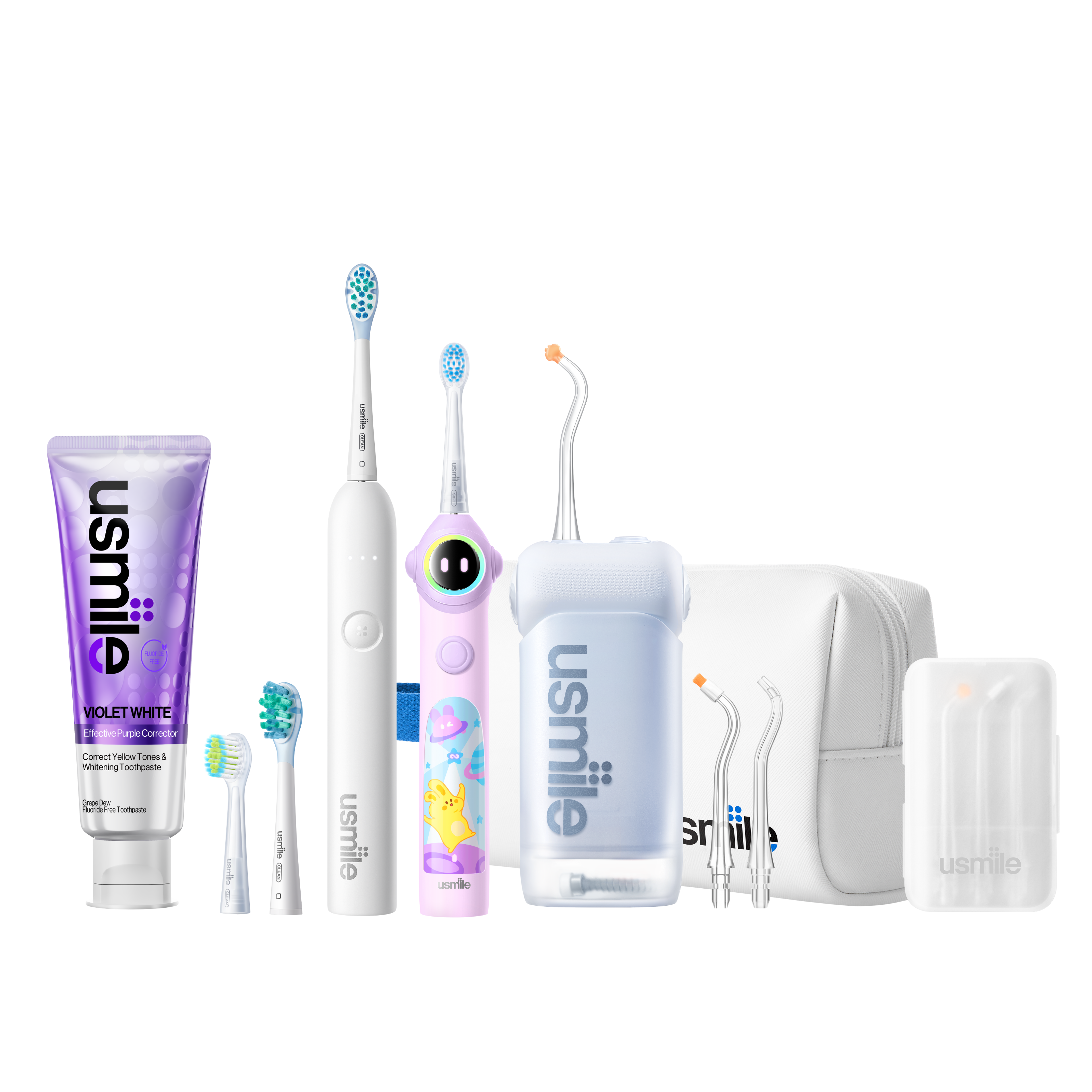 usmile C10 blue water flosser, white P10S adult and purple Q30 kids toothbrushes with accessories