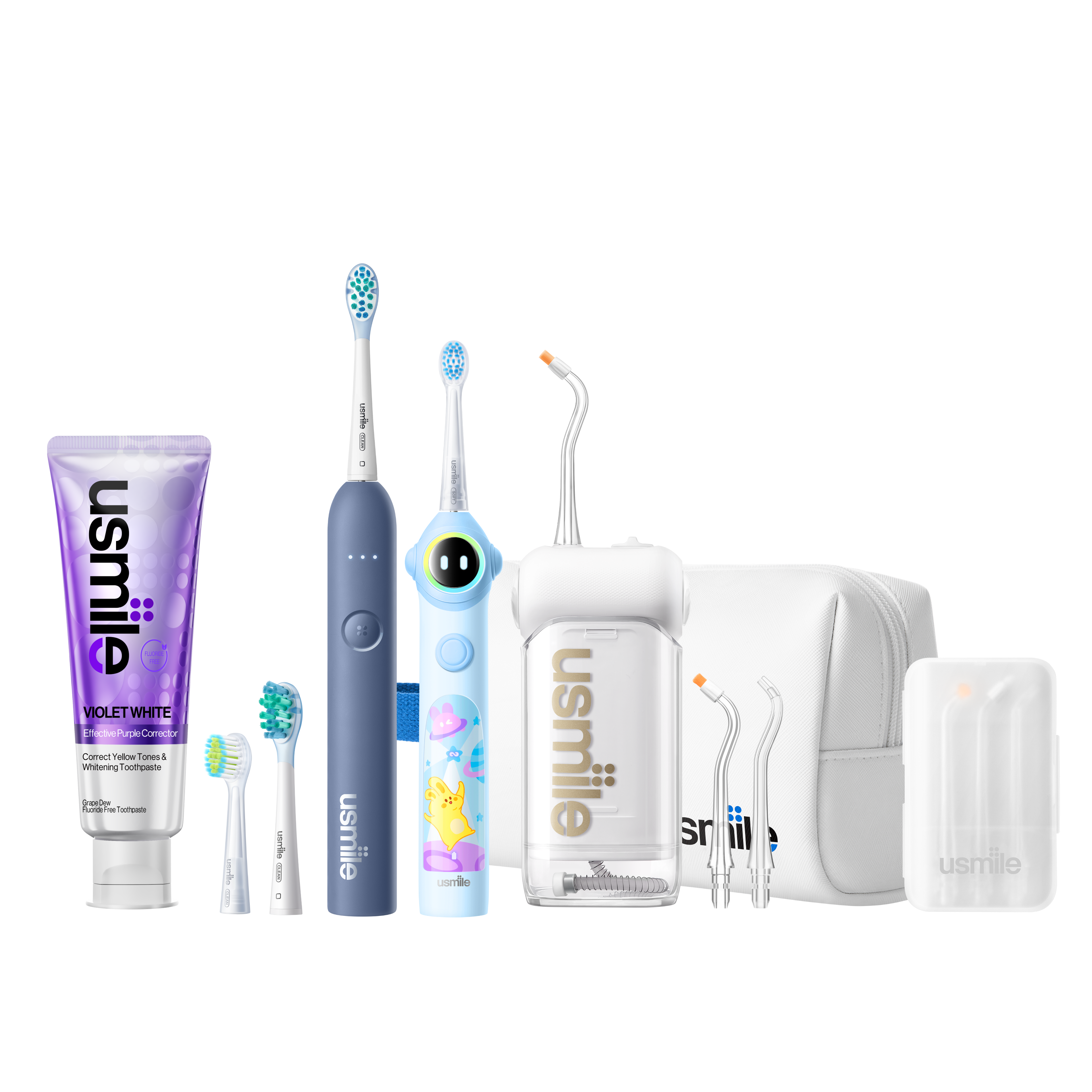 usmile C10 white water flosser, blue P10S adult toothbrush, blue Q30 kids toothbrush, accessories, and toothpaste
