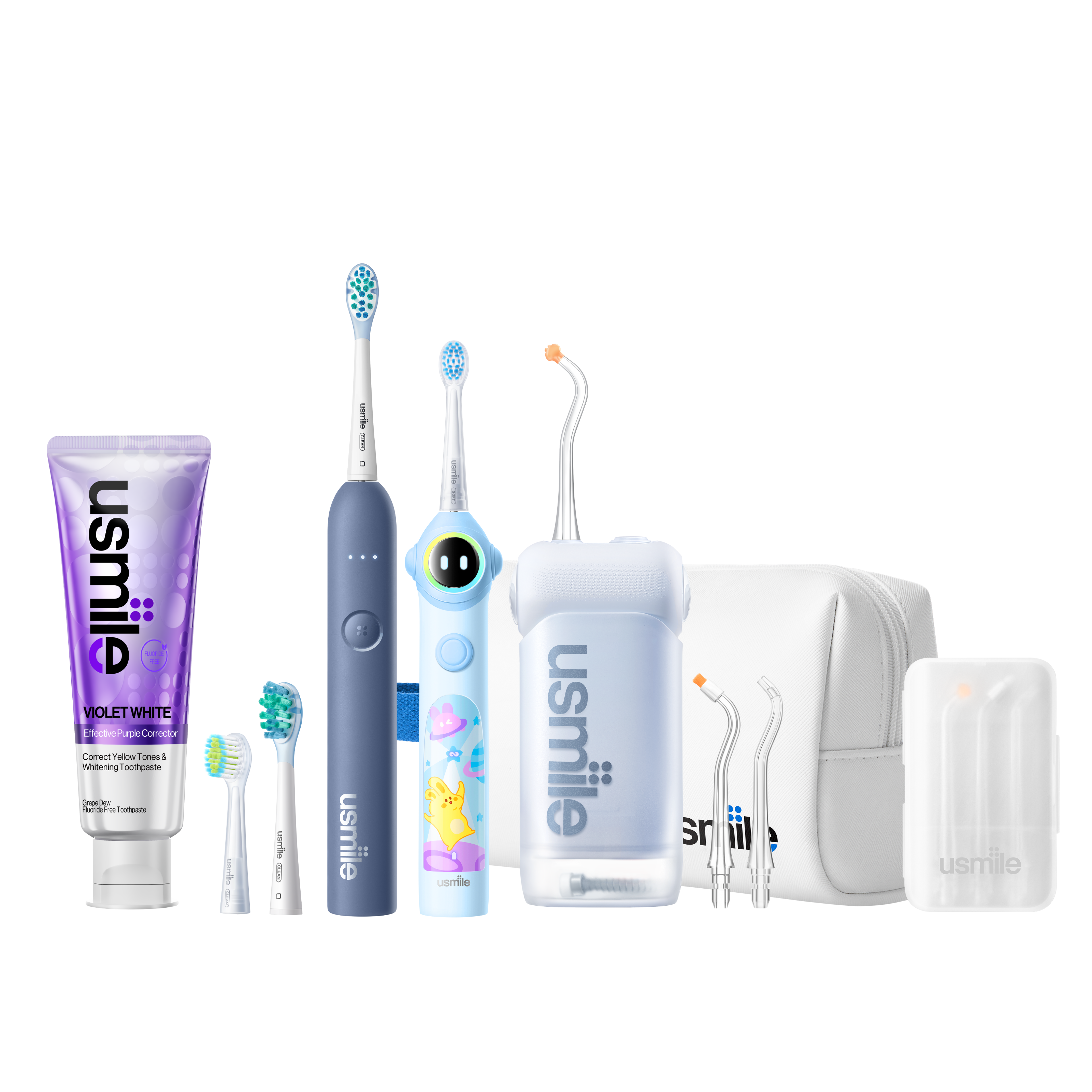 usmile blue C10 water flosser, P10S adult electric toothbrush, Q30 kids toothbrush, and accessories