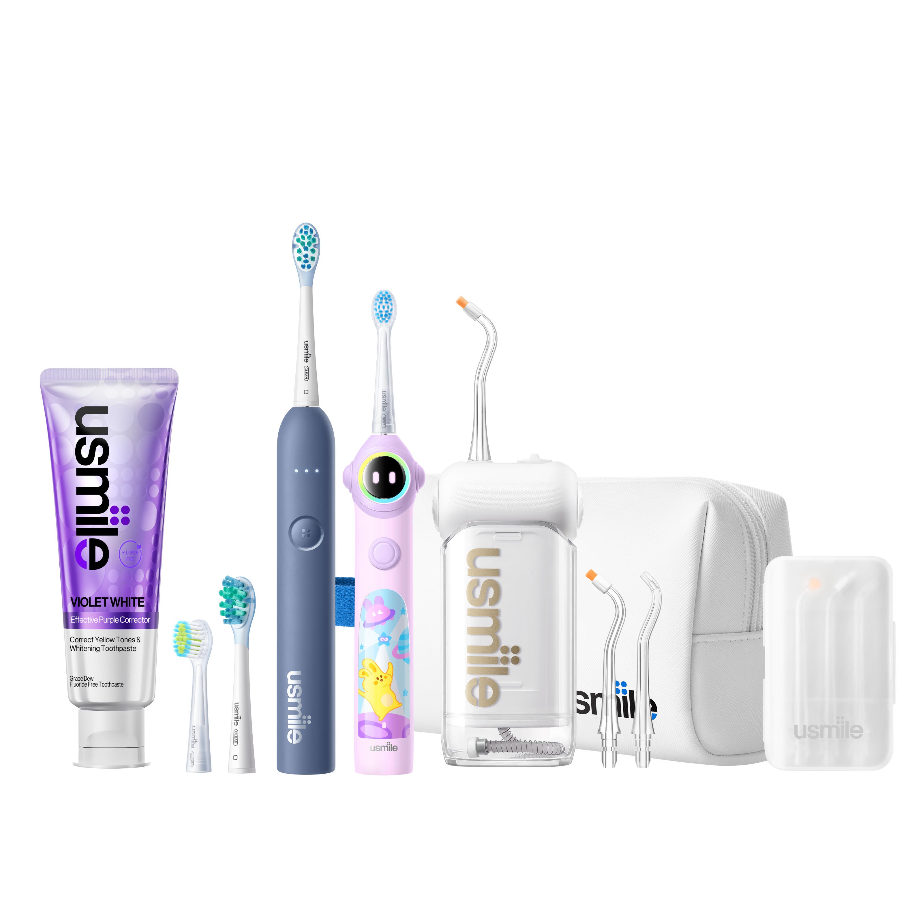 usmile bundle with blue P10S adult and purple Q30 kids' toothbrushes, white C10 water flosser and accessories