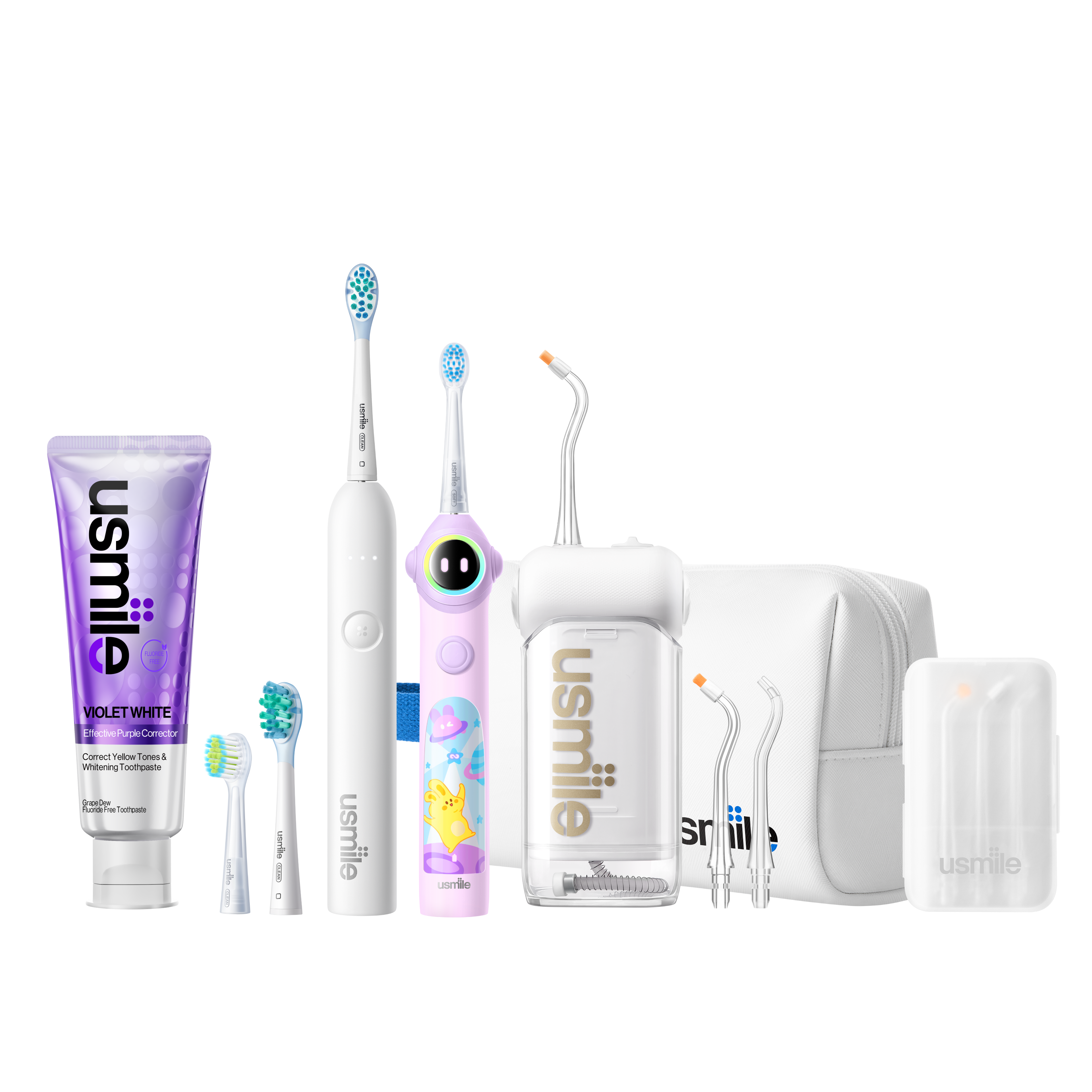 usmile C10 water flosser, white P10S adult and purple Q30 kids electric toothbrushes with accessories