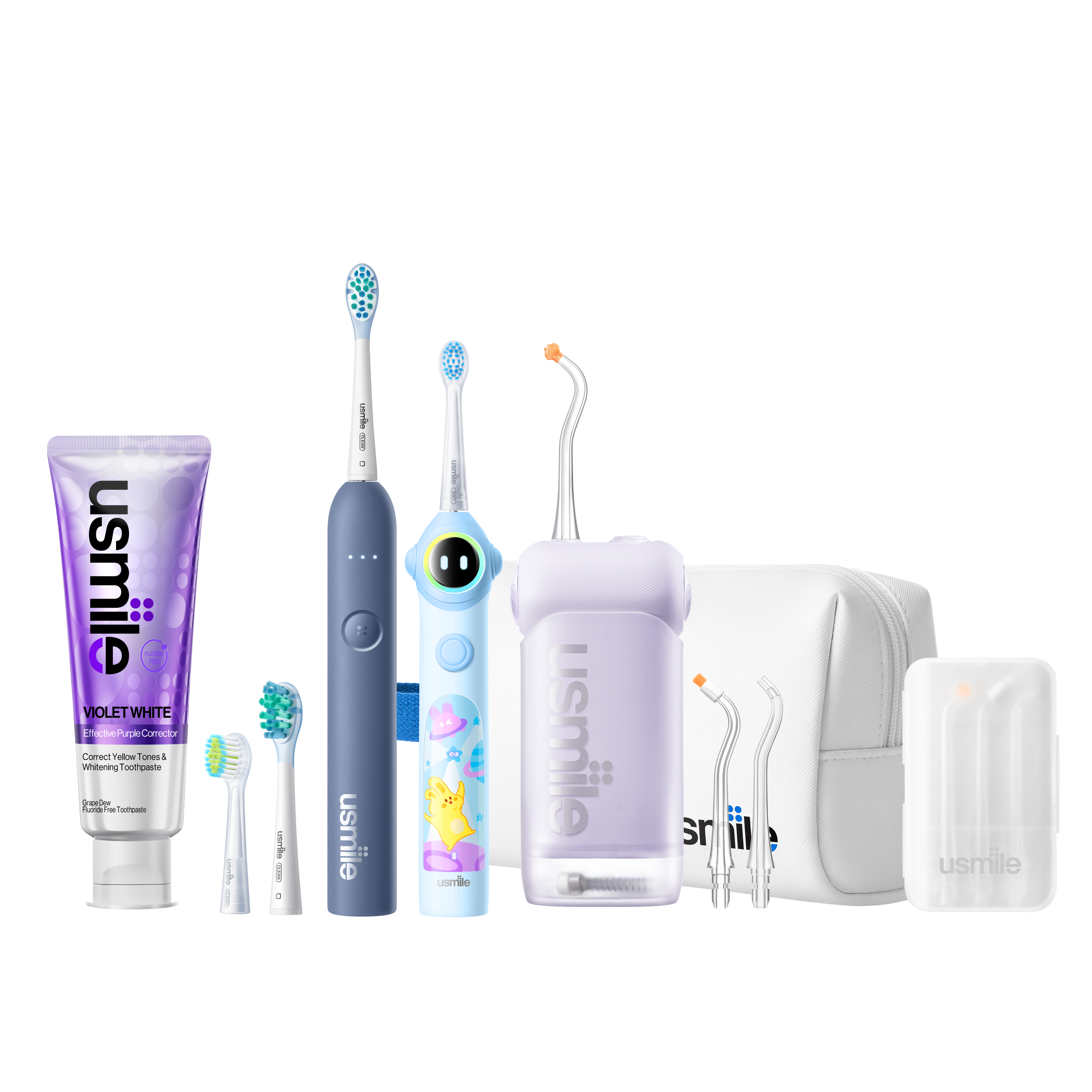 usmile C10 water flosser, P10S adult and Q30 kids electric toothbrushes with toothpaste and accessories