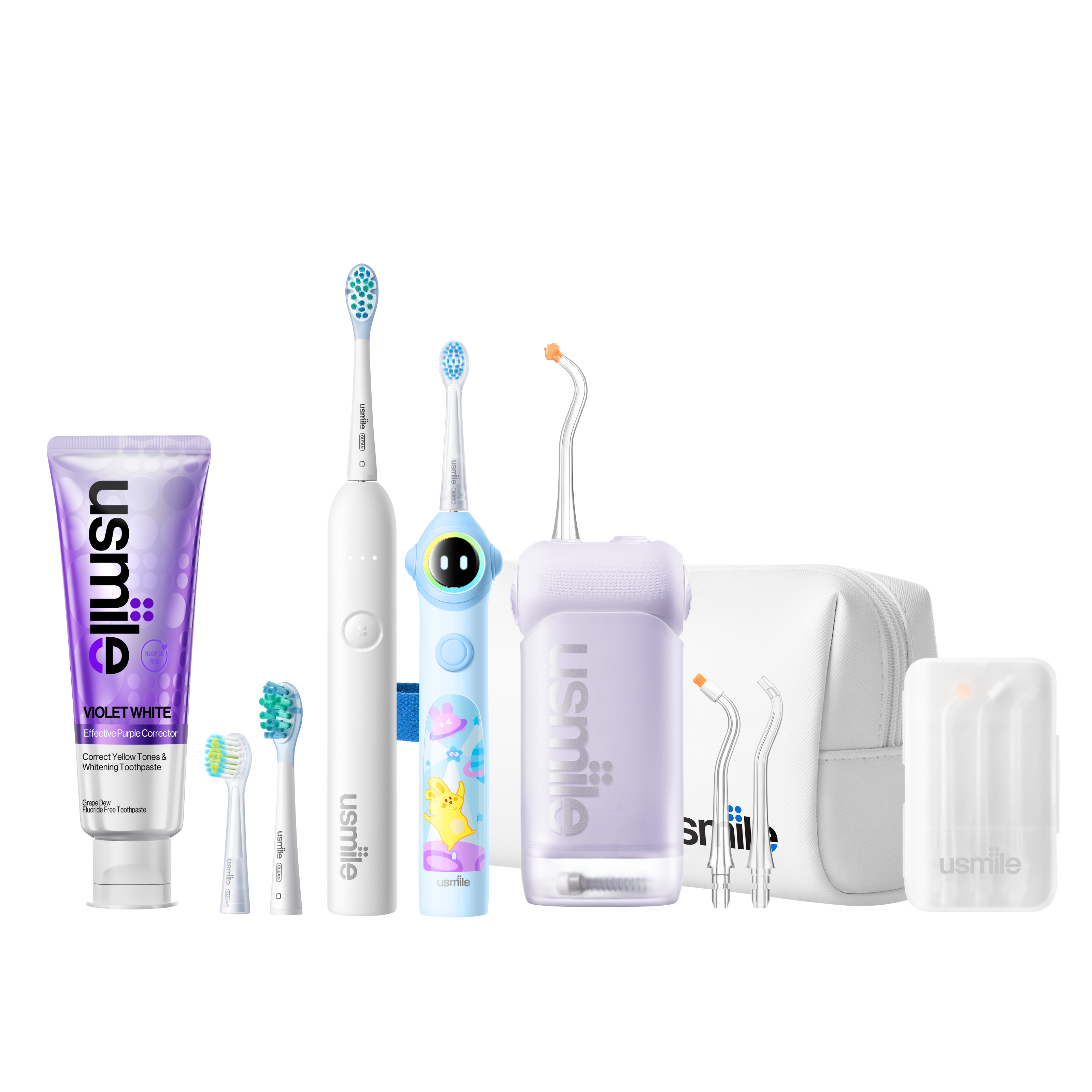 usmile C10 water flosser, white P10S adult toothbrush and blue Q30 kids toothbrush with accessories