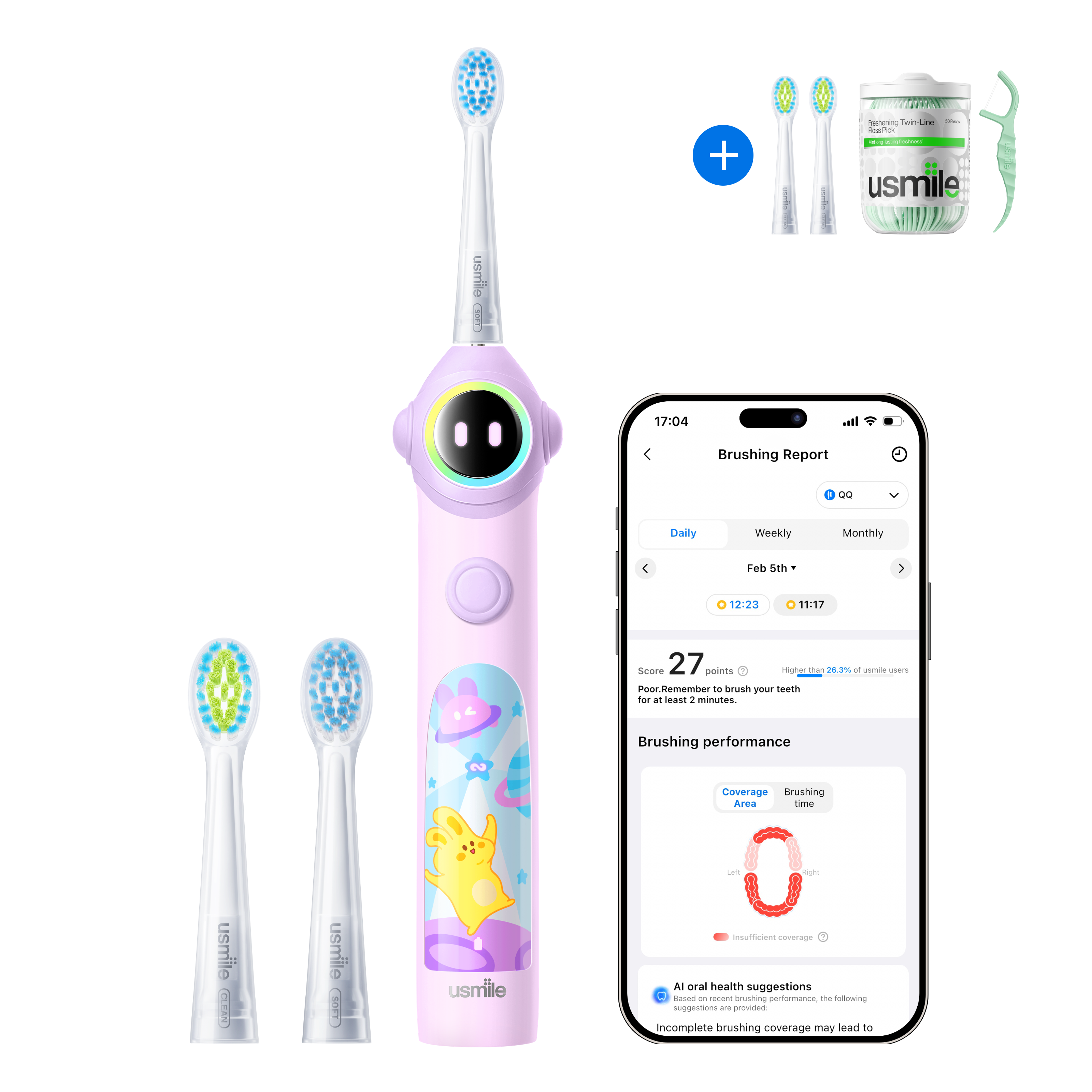 usmile Q30 Kids Electric Toothbrush × Dental Floss Picks Twin-Line for Deep Cleaning × Replacement Brush Head