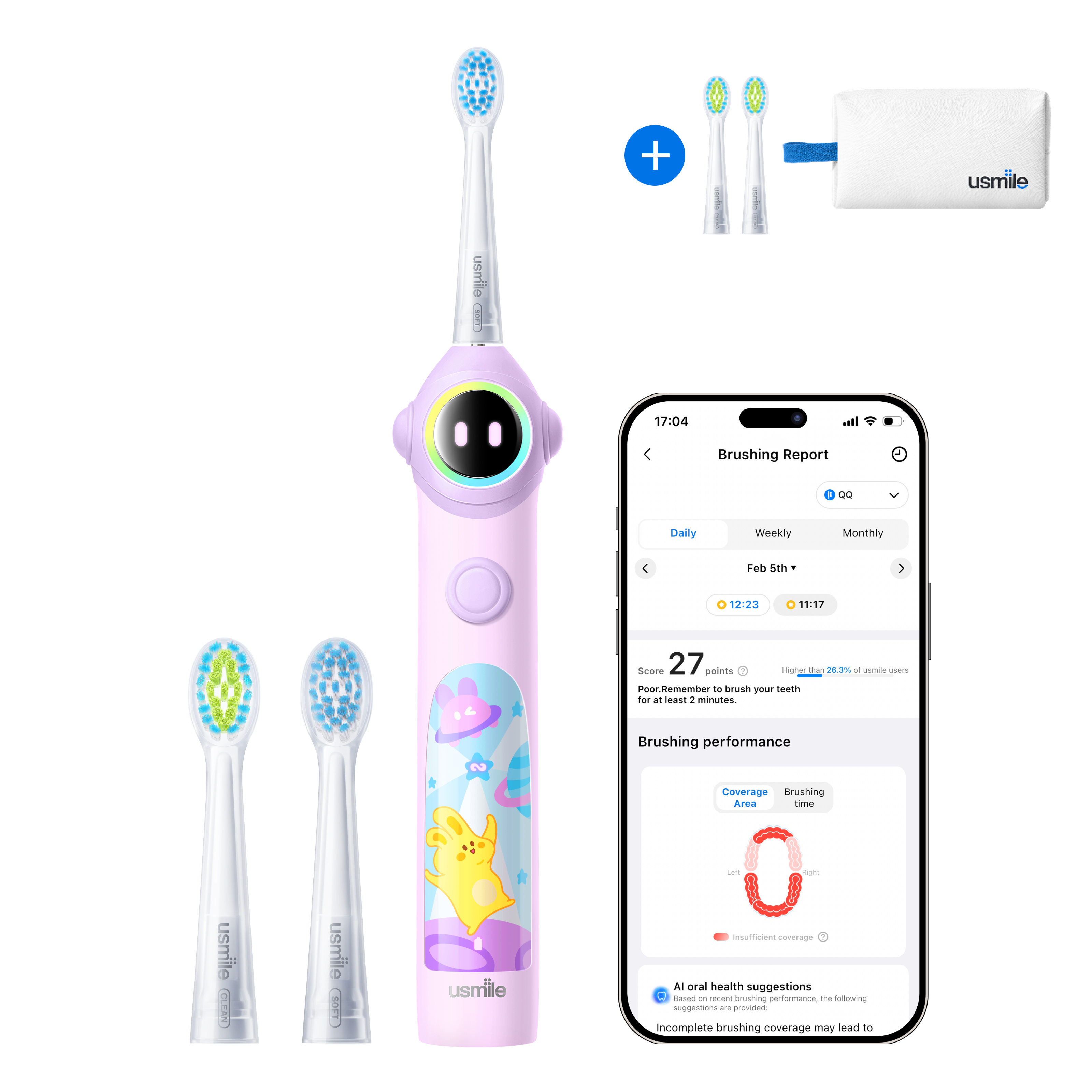 usmile Q30 Kids Electric Toothbrush × Waterproof Travel Toiletry Bag × Replacement Brush Head
