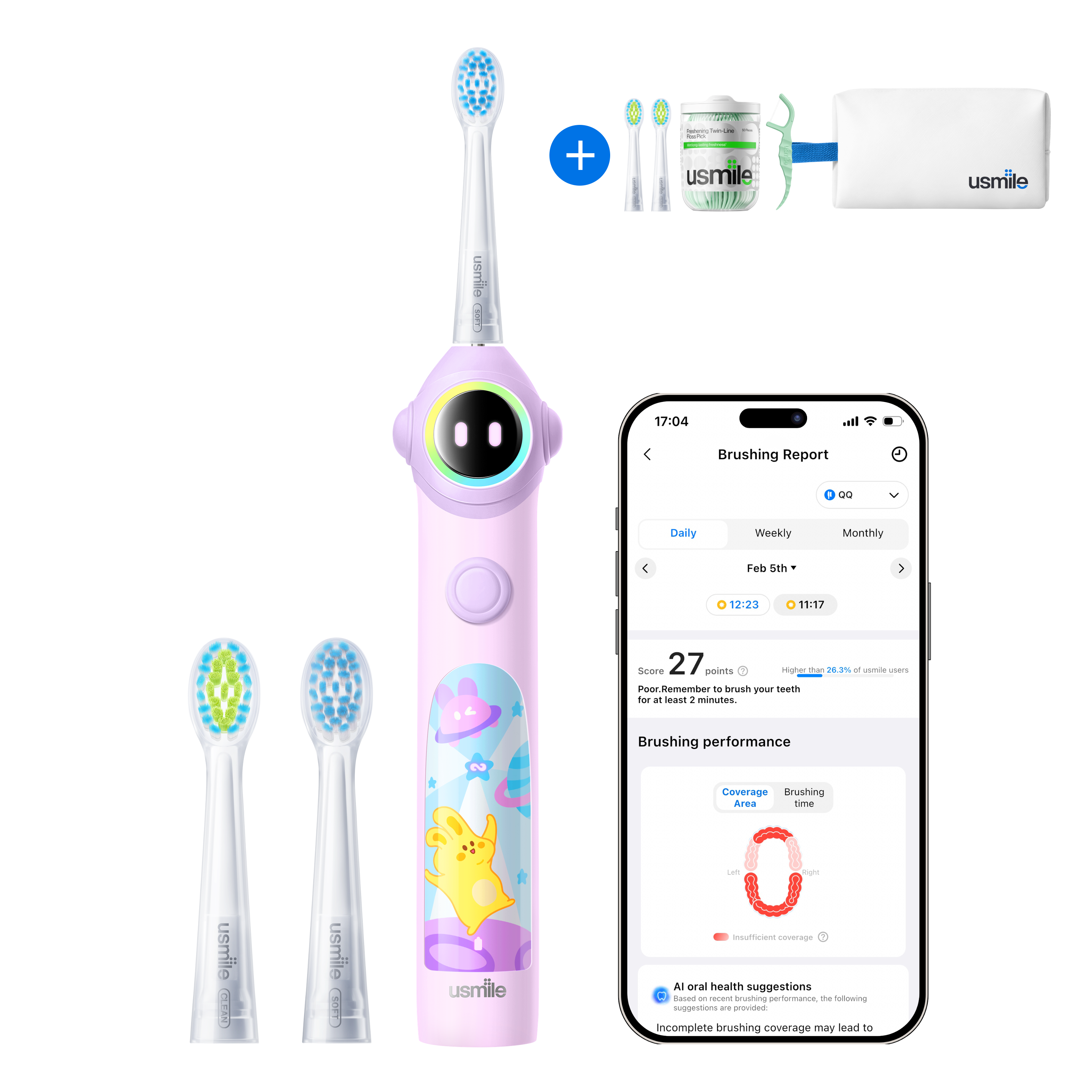 usmile Q30 Kids Electric Toothbrush × Waterproof Travel Toiletry Bag × Replacement Brush Head ×  Dental Floss Picks Twin-Line for Deep Cleaning