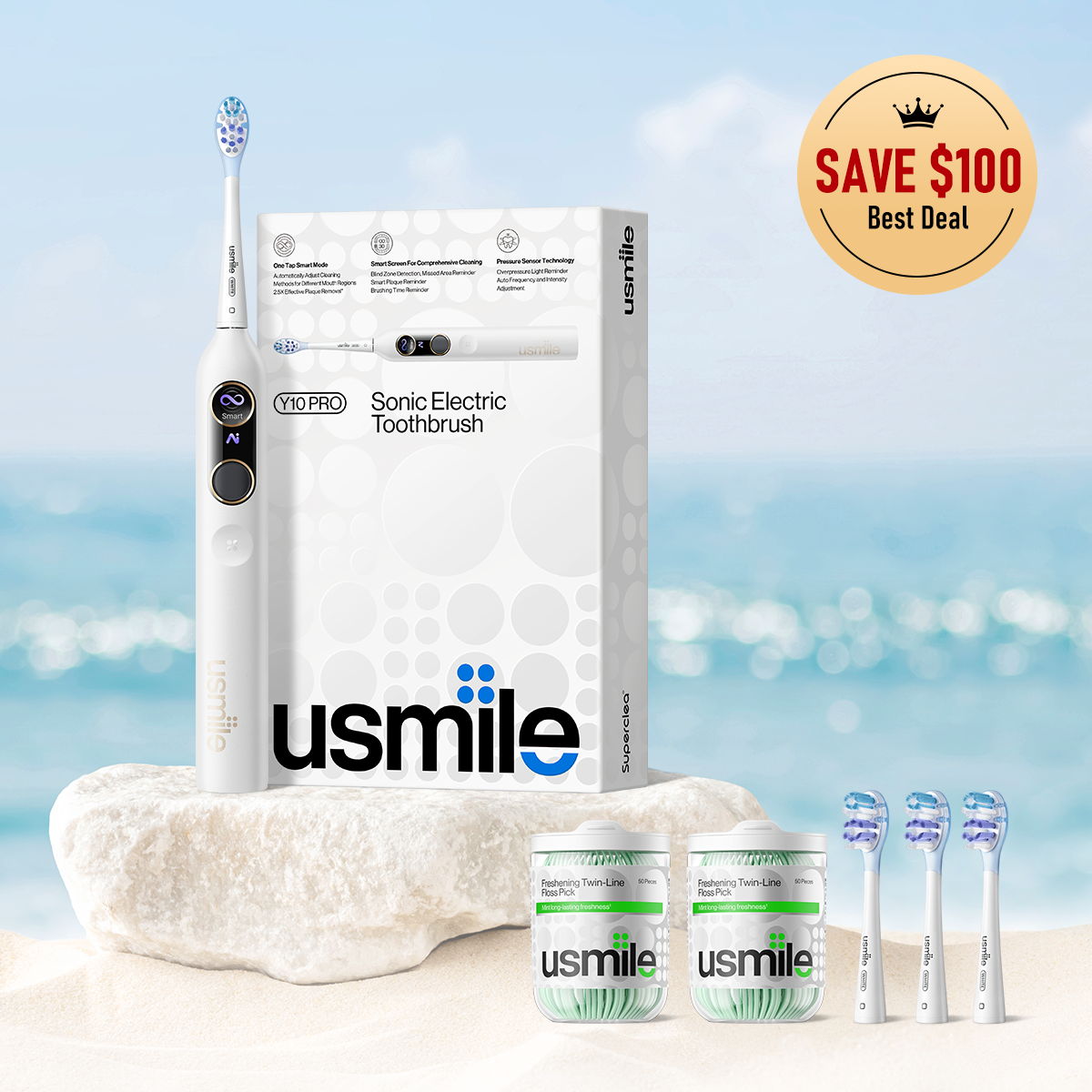 Y10PRO+4pc brush heads+100pc floss