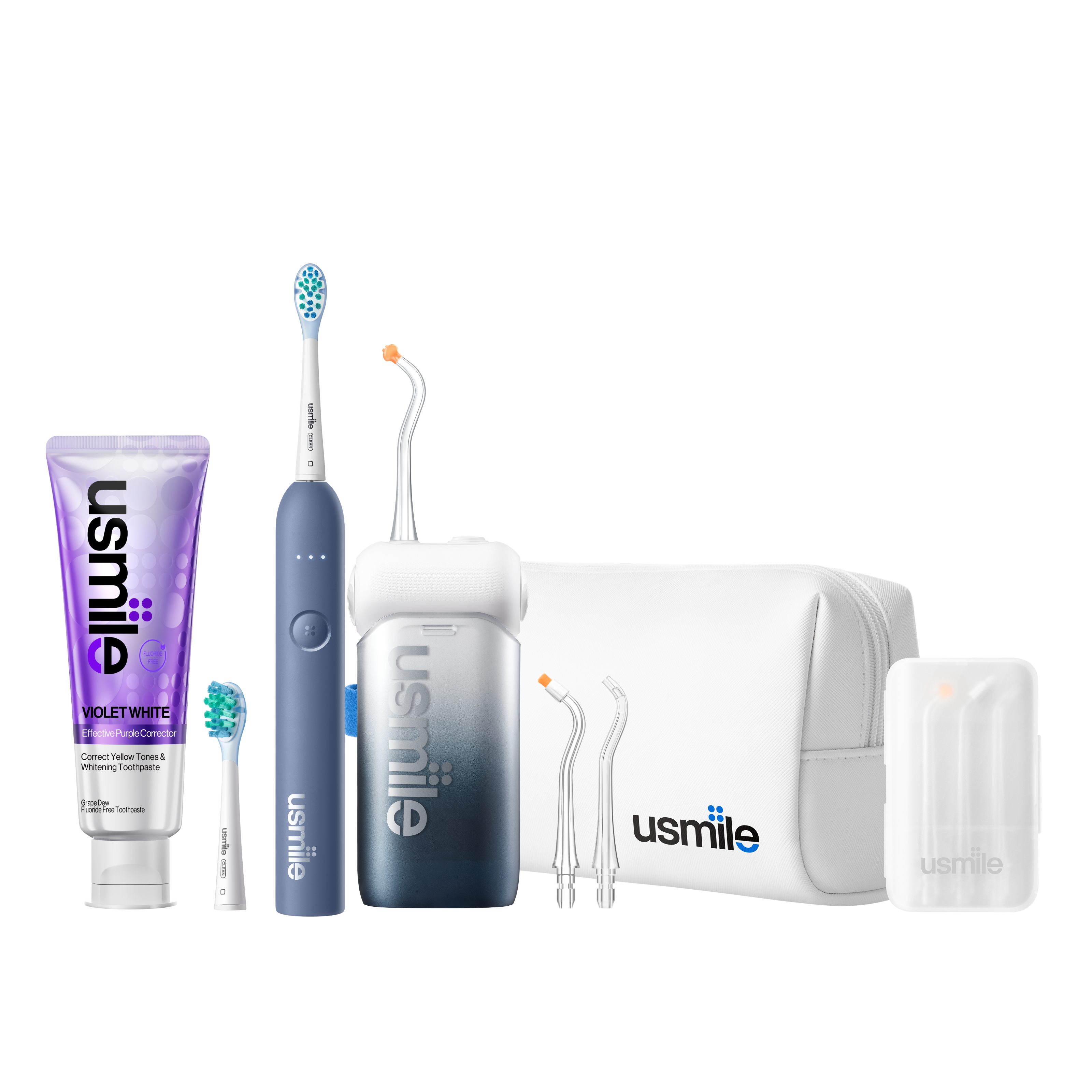 usmile C10 water flosser and blue P10 S electric toothbrush travel pack with tips, brush heads, case and toothpaste
