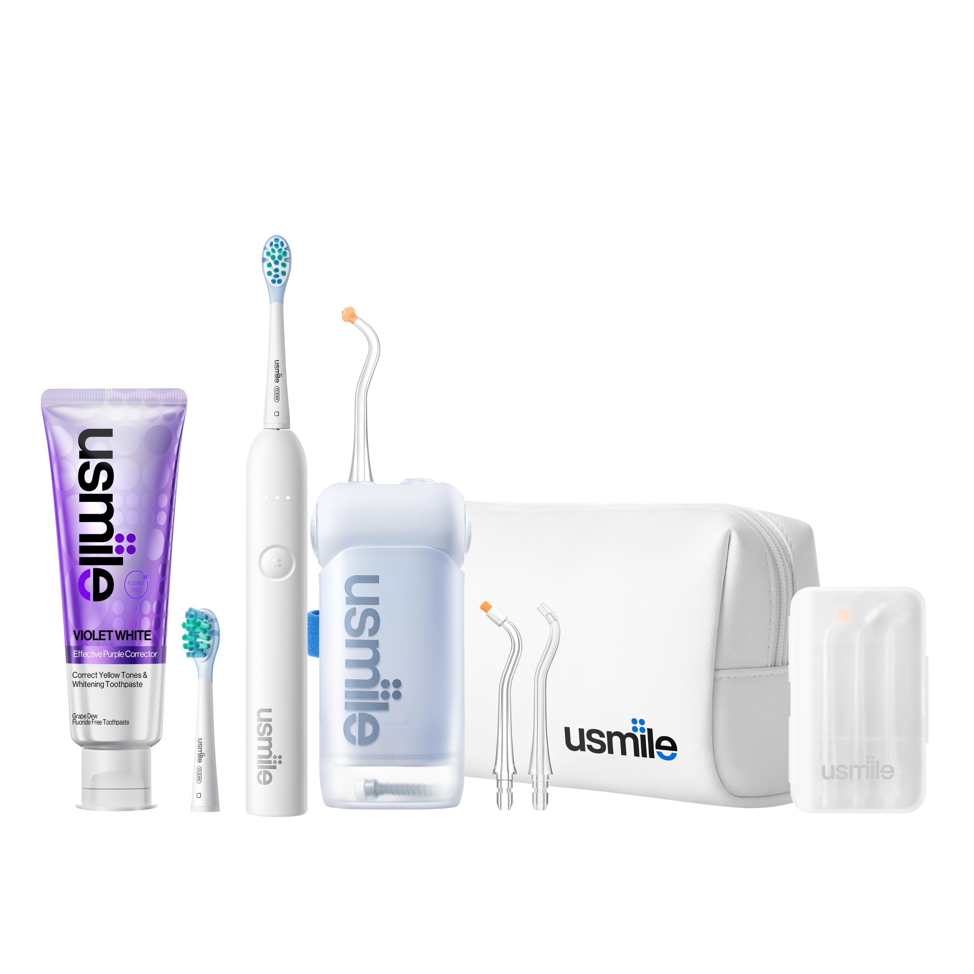 usmile travel pack with white electric toothbrush, blue water flosser, tips, toothpaste, and travel cases