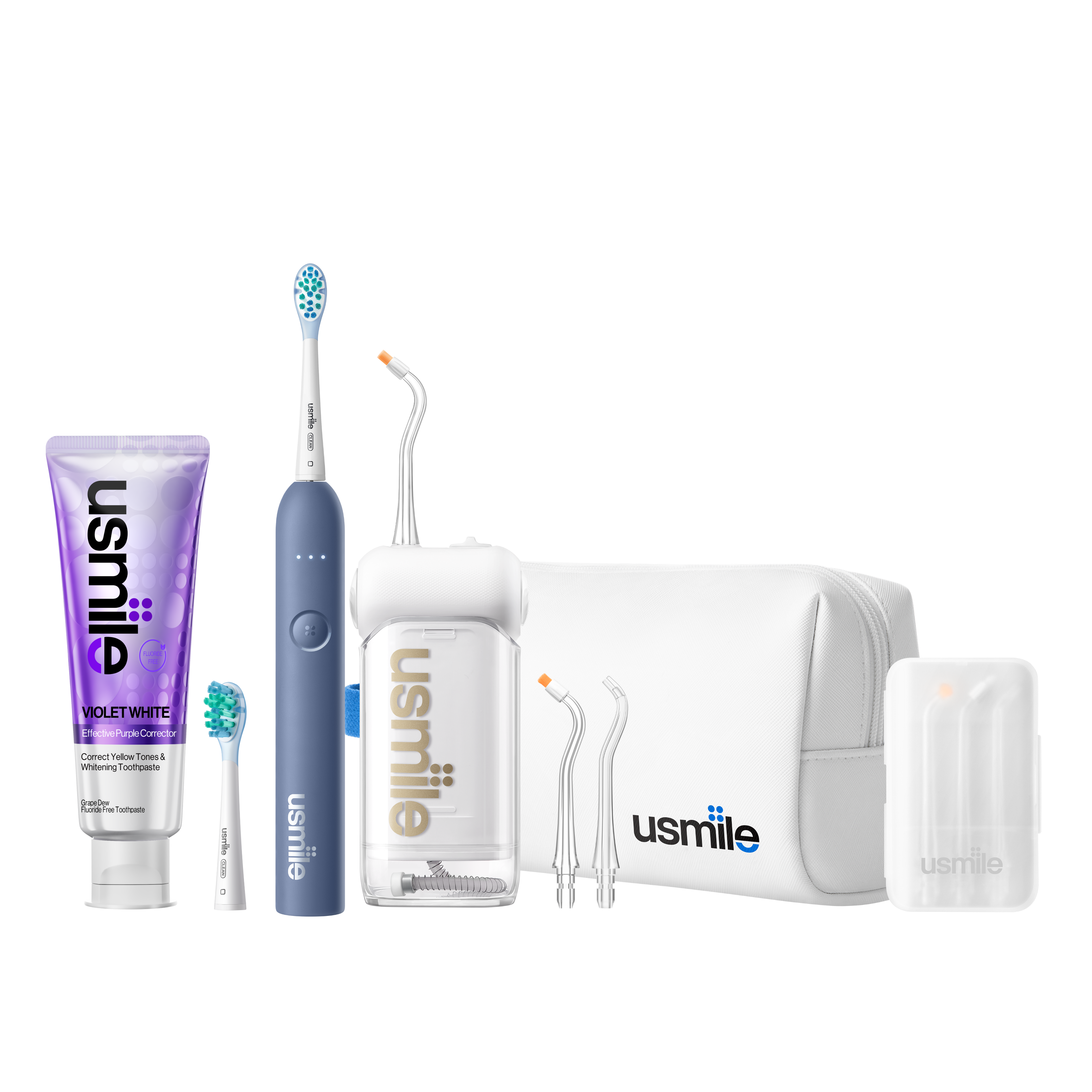 usmile blue electric toothbrush and white water flosser travel set with brush heads, tips, toothpaste, and cases