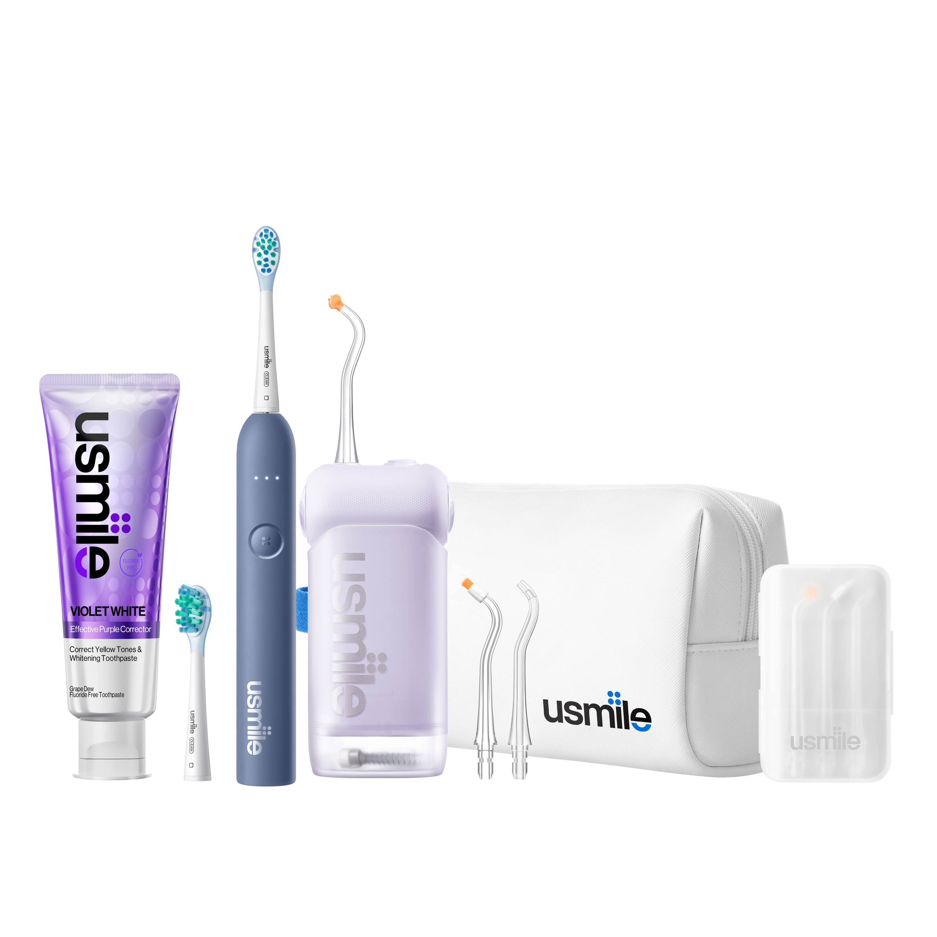 usmile travel pack with blue electric toothbrush, purple water flosser, toothpaste, tips and travel case