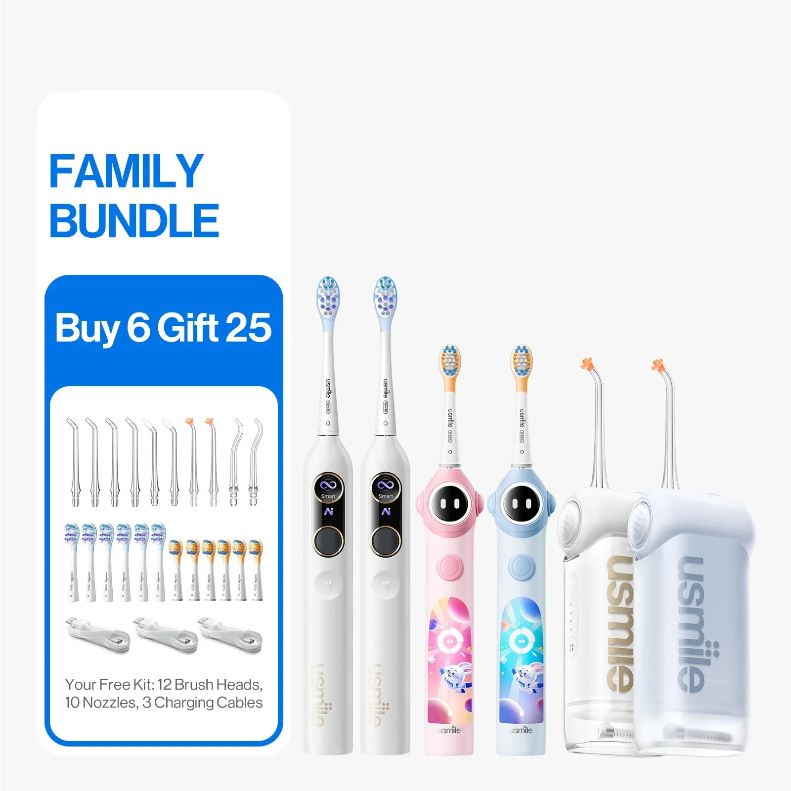 usmile Family Packs – Toothbrush for Adult & Kids+Flosser+Accessories