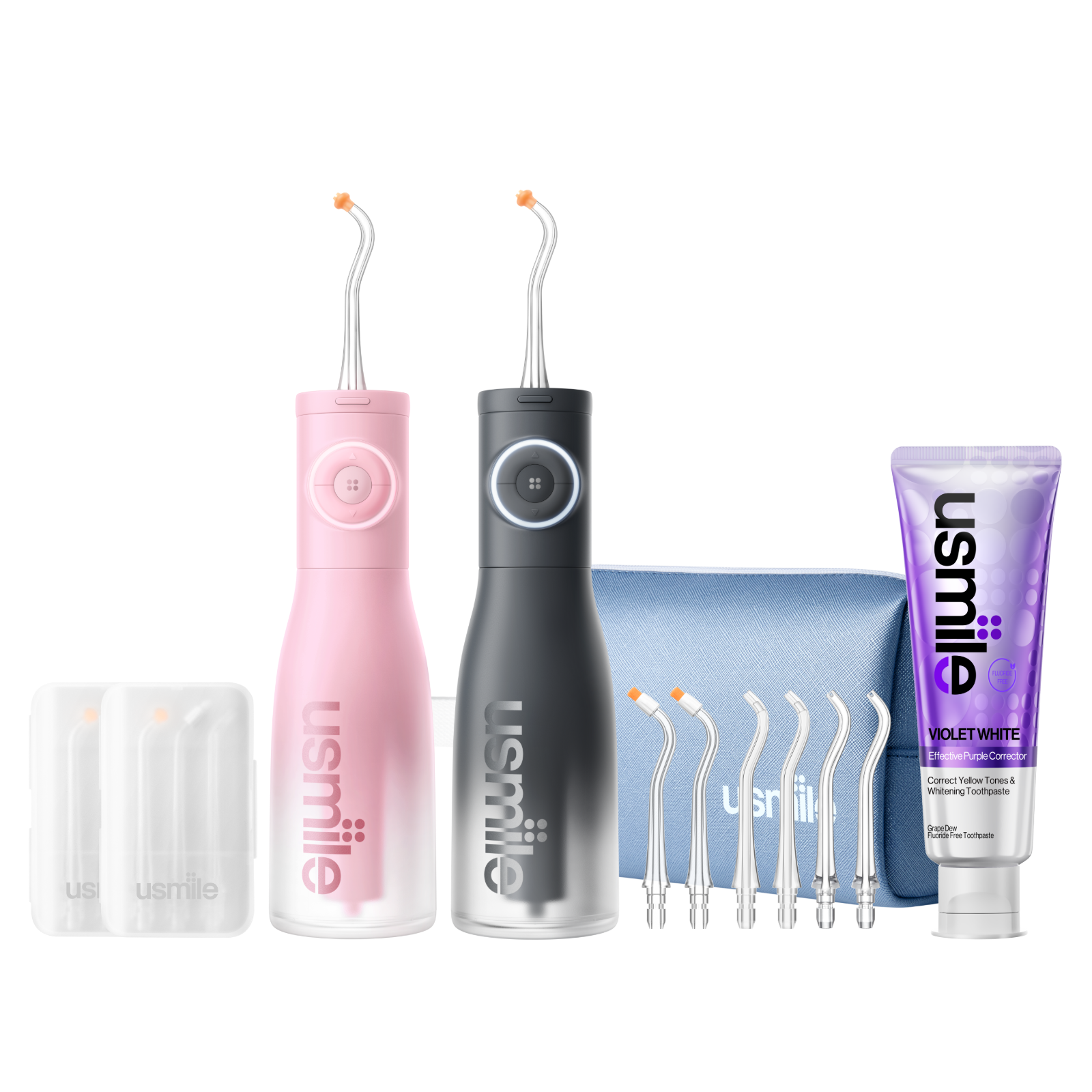 usmile C30 water flosser set with pink and dark gray units, six spare tips, blue toiletry bag, case and toothpaste