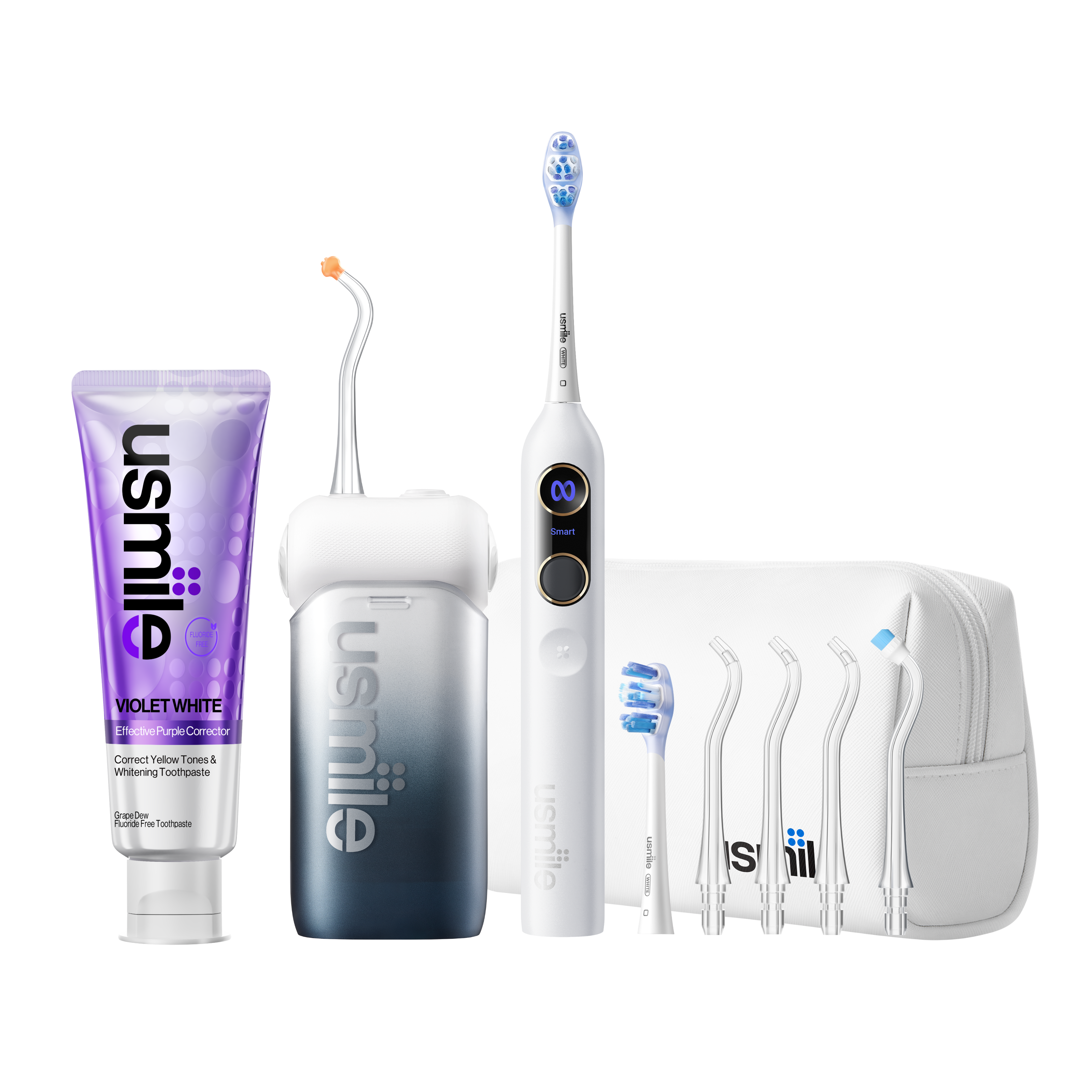 usmile Y20 PRO white electric toothbrush and Inkstone Black C10 water flosser with accessories and travel bag