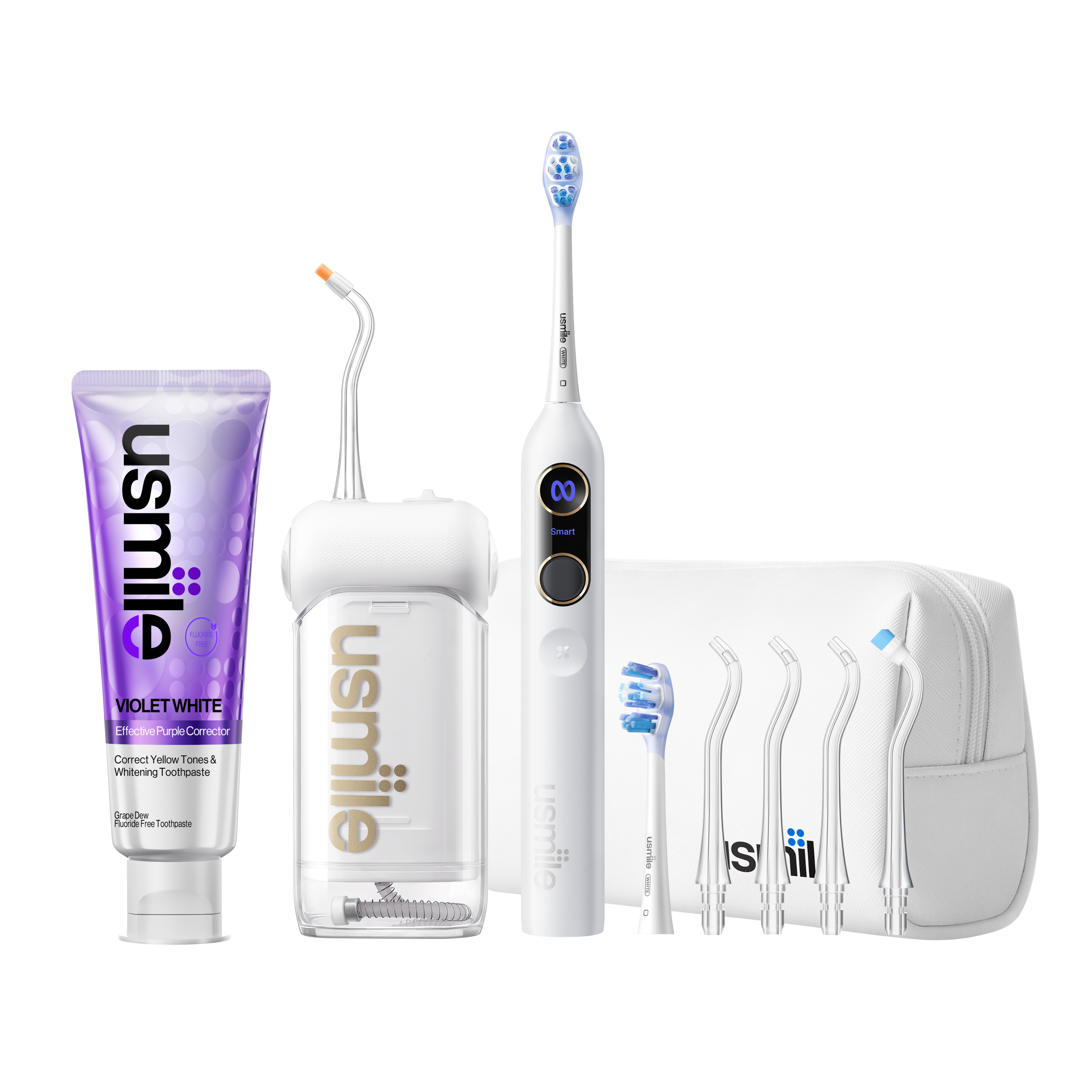 White usmile Y20 PRO toothbrush and C10 water flosser travel set with bag, toothpaste, replacement heads and tips