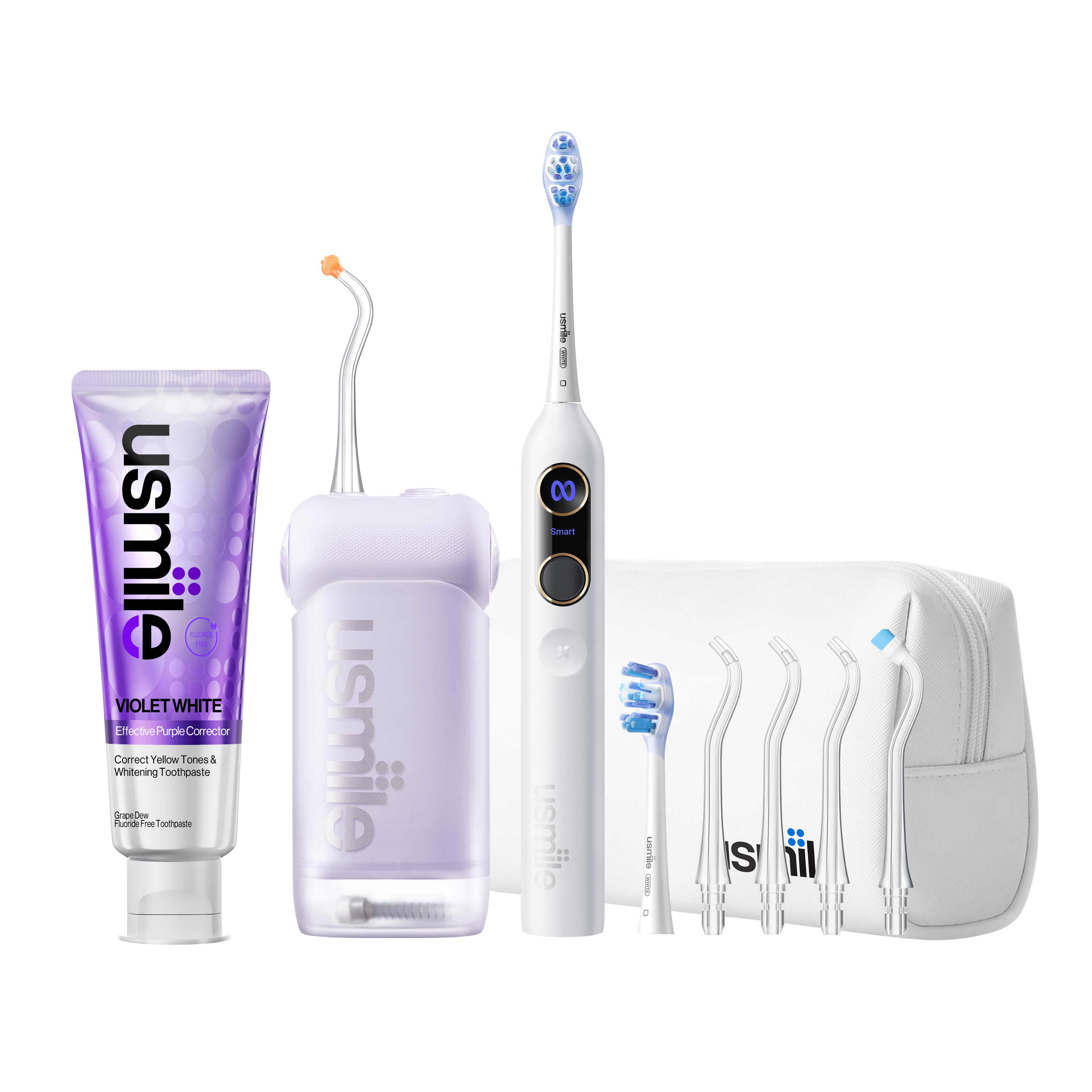 usmile Y20 Pro toothbrush and C10 water flosser set with white travel bag, spare heads, nozzles and purple toothpaste