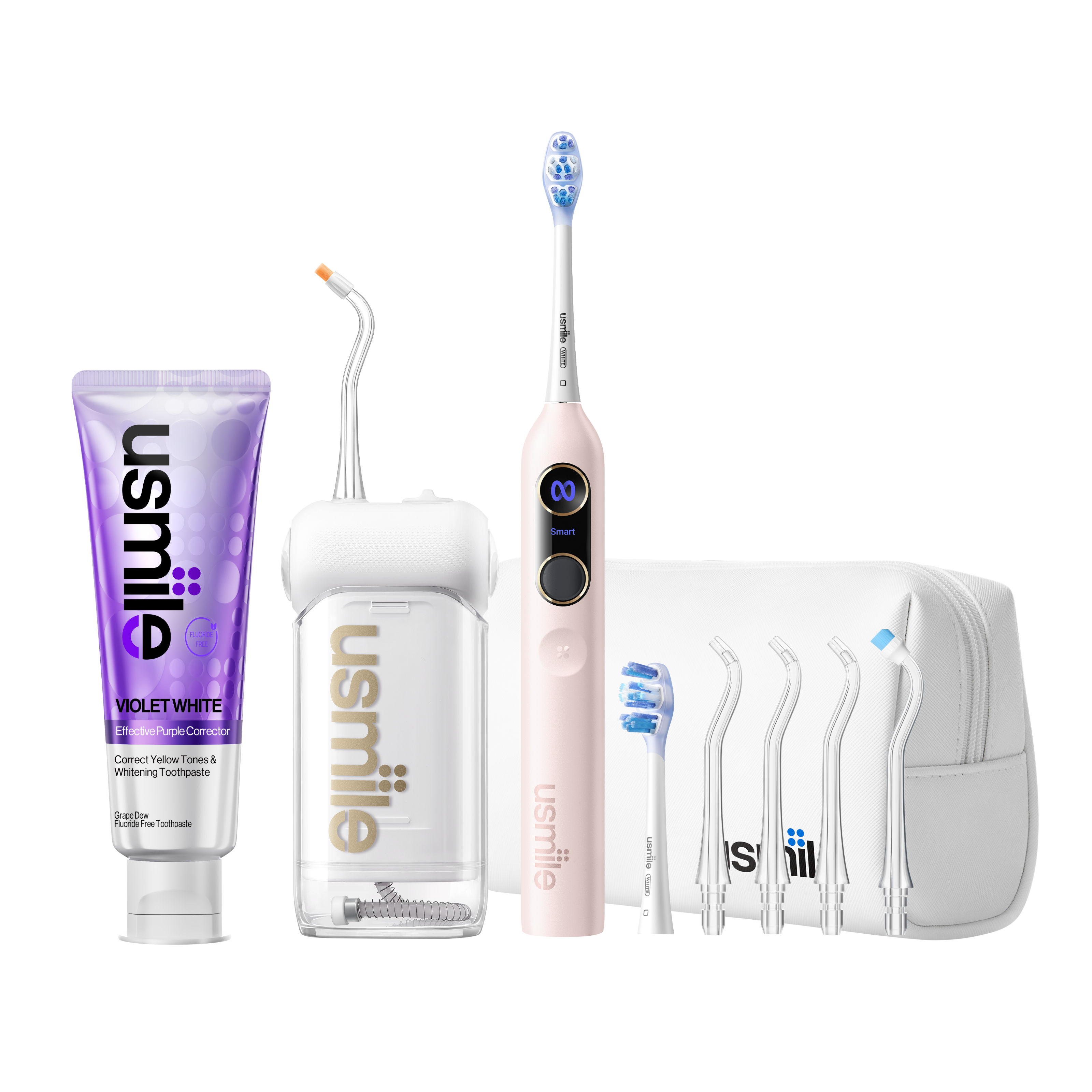 usmile Y20 PRO pink electric toothbrush and C10 white water flosser set with travel bag, toothpaste, brush heads and nozzles