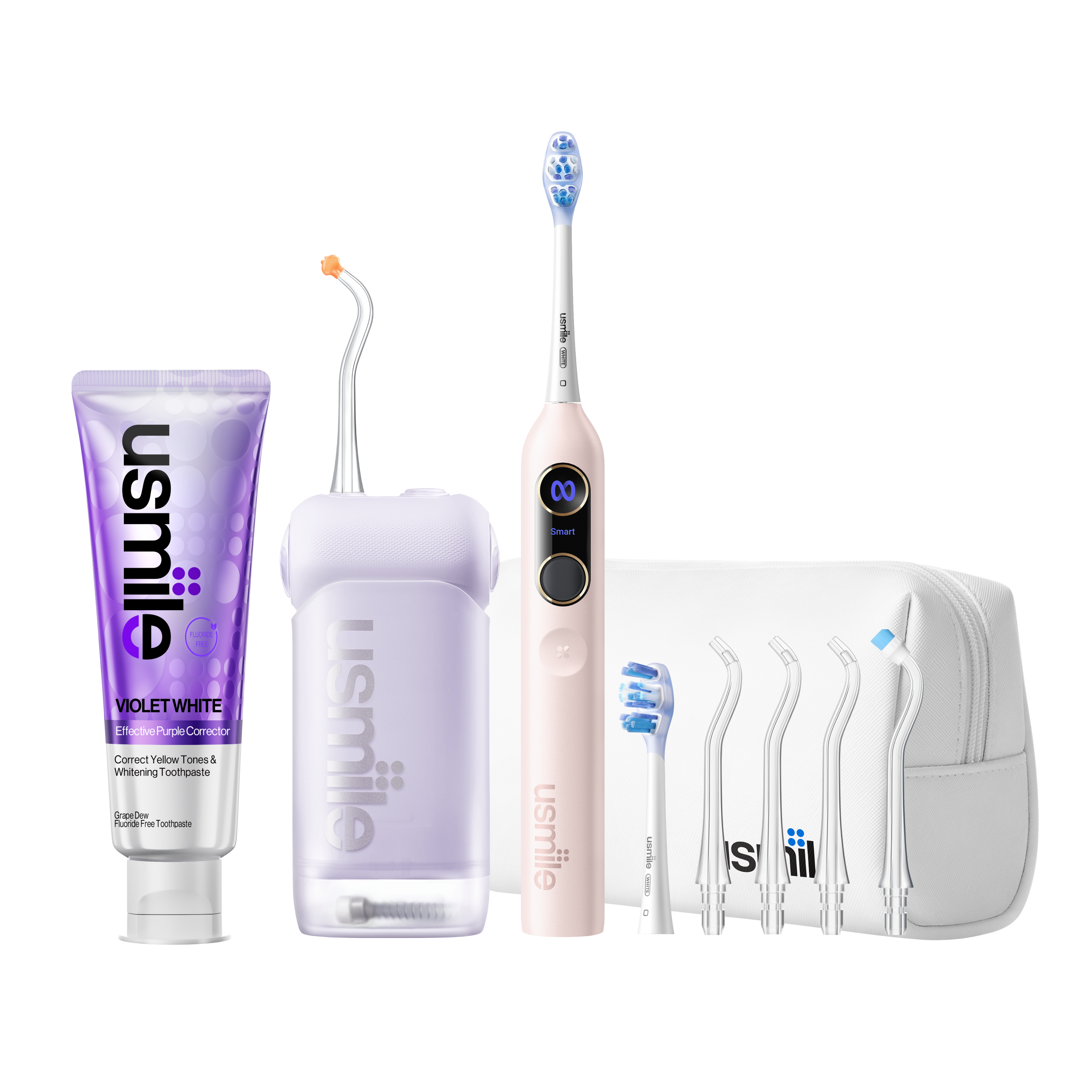 usmile pink Y20 PRO toothbrush and purple C10 water flosser with travel bag, toothpaste, brush heads and tips