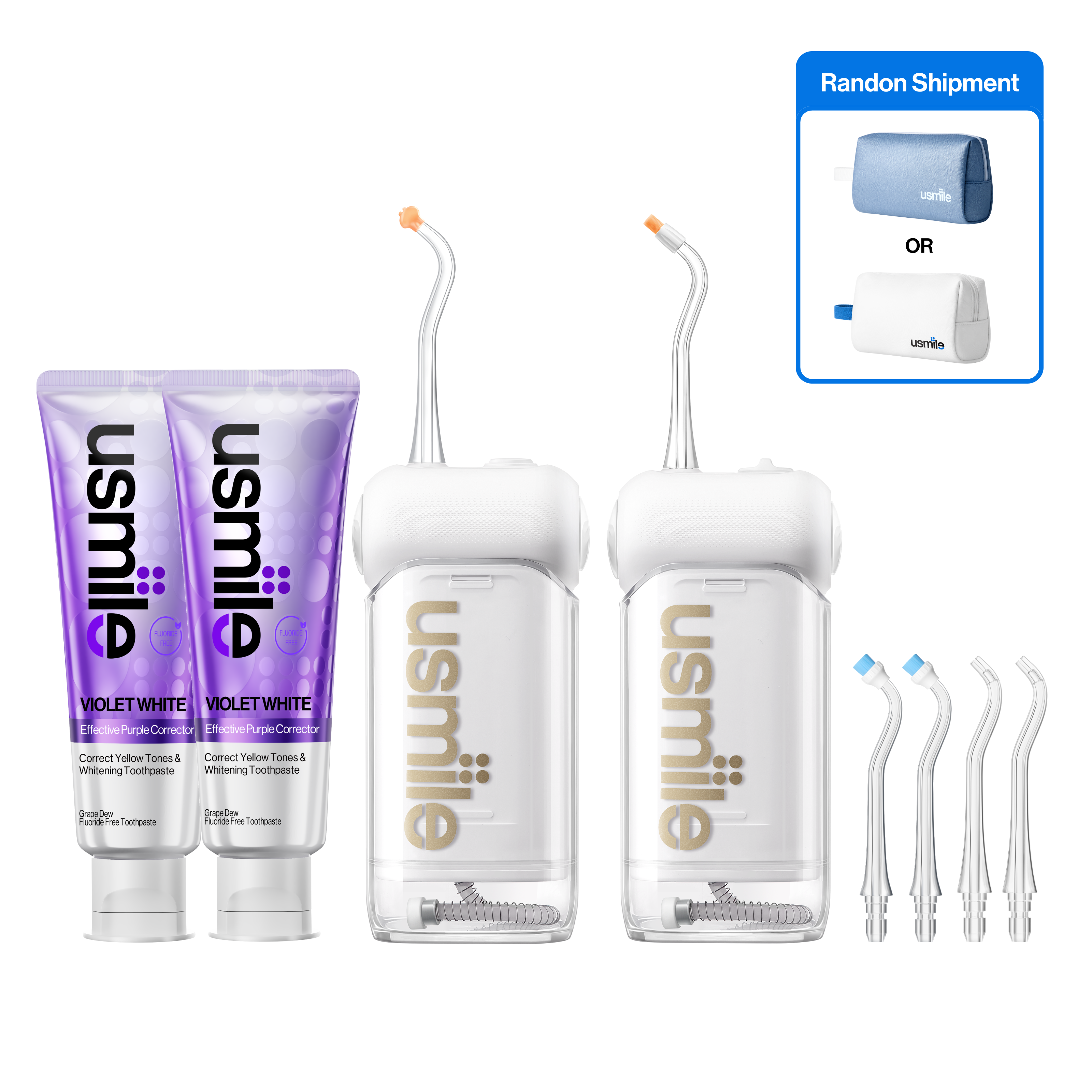 White usmile water flosser kit with two units, two toothpaste tubes, four tips, and a randomly selected toiletry bag