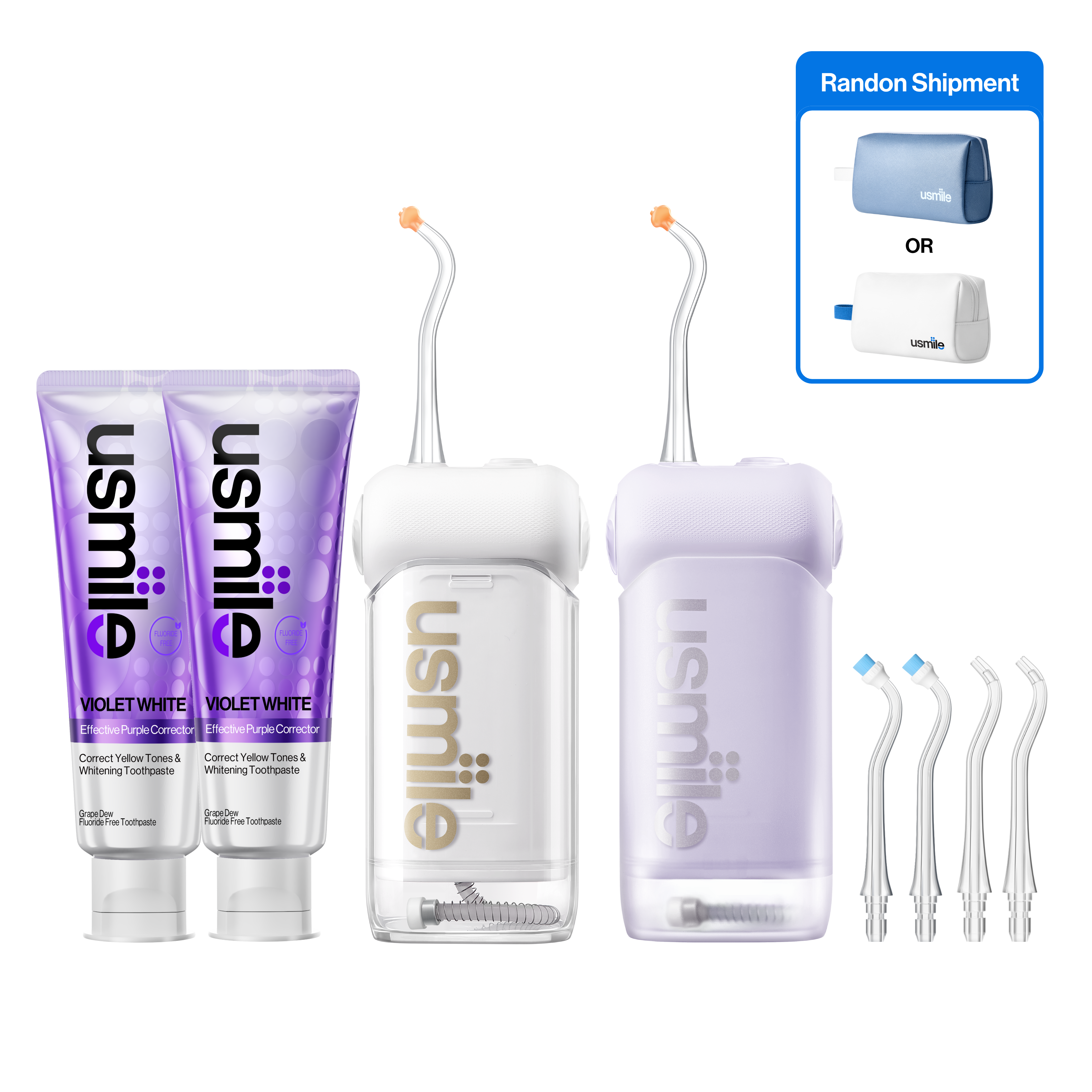 White and purple usmile water flossers with four tips, two toothpaste tubes, and a randomly selected travel bag