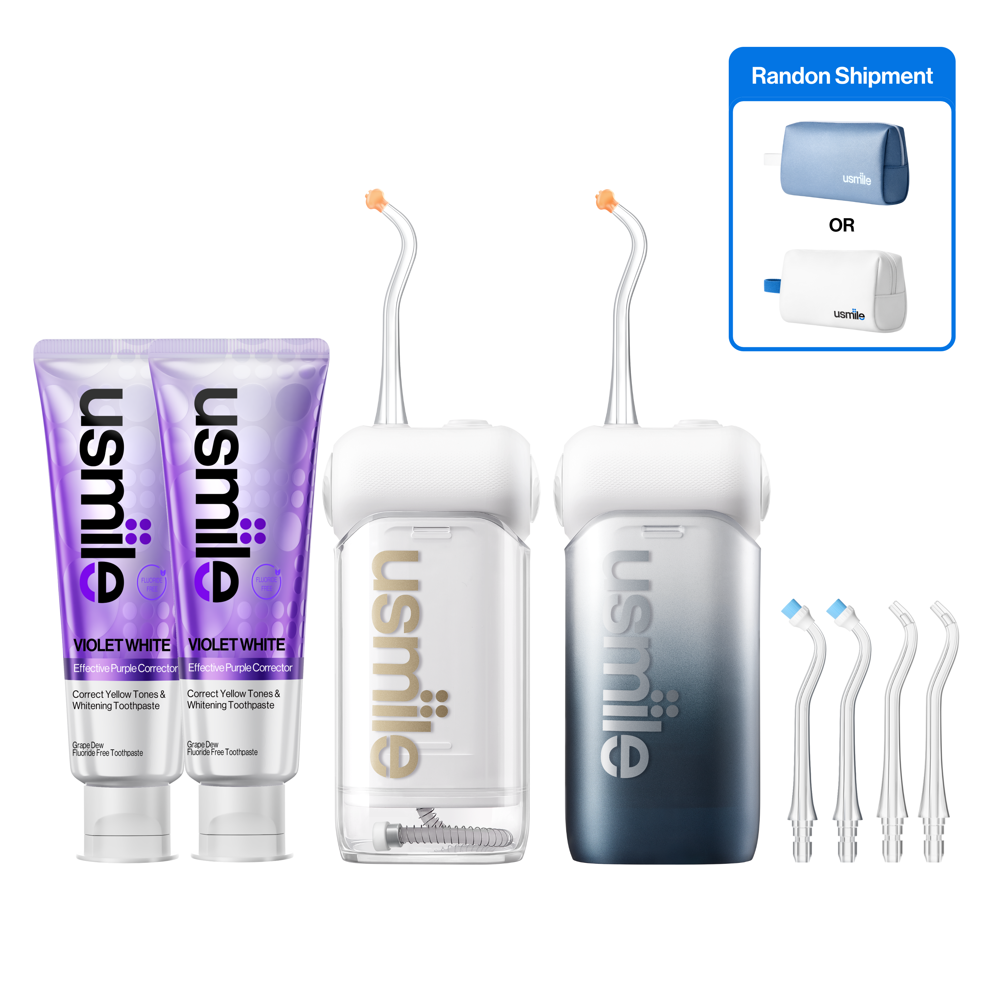 Two usmile water flossers, four tips, two toothpaste tubes, and a randomly selected blue or white toiletry bag
