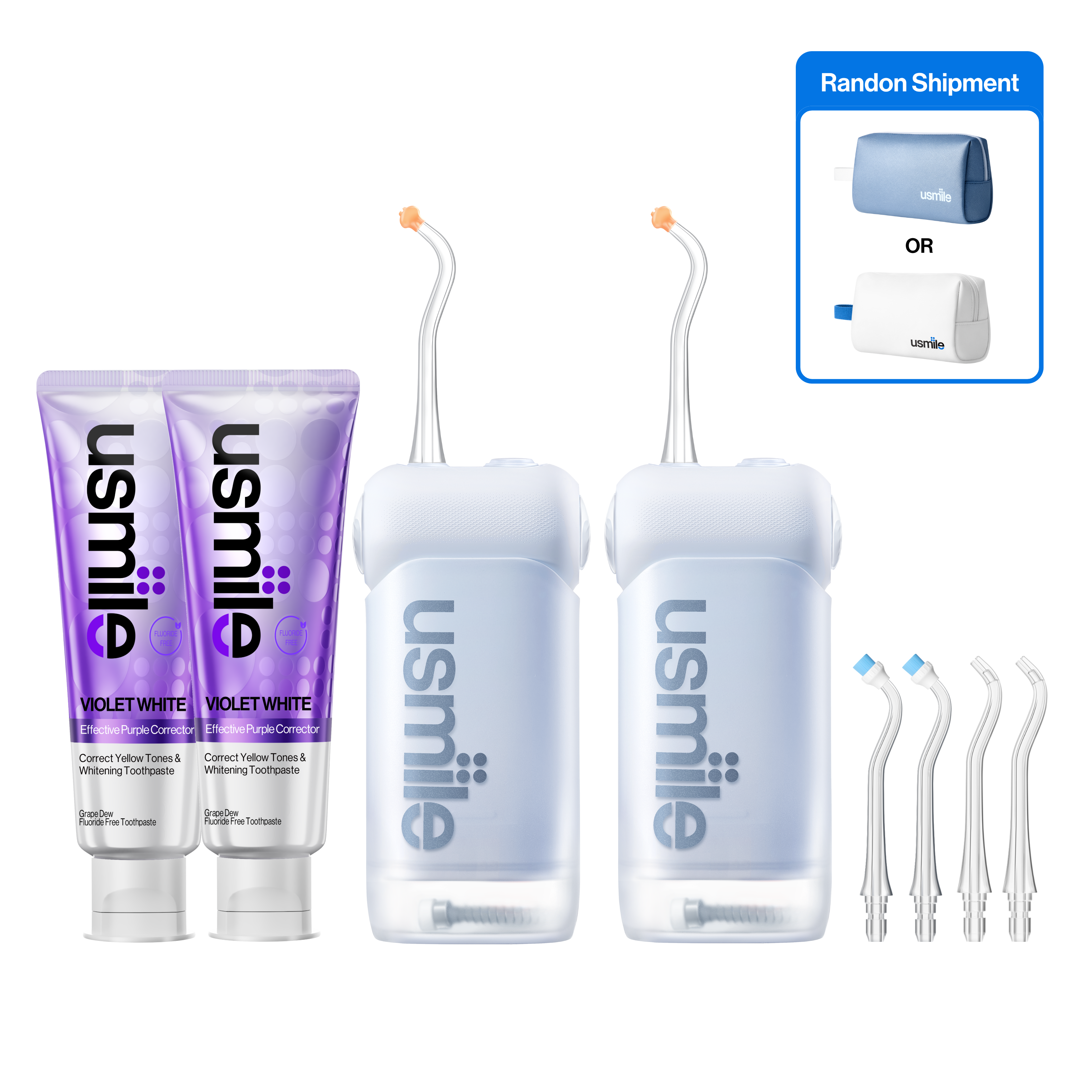 Two usmile water flossers, two purple toothpaste tubes, four tips, and a randomly selected blue or white toiletry bag