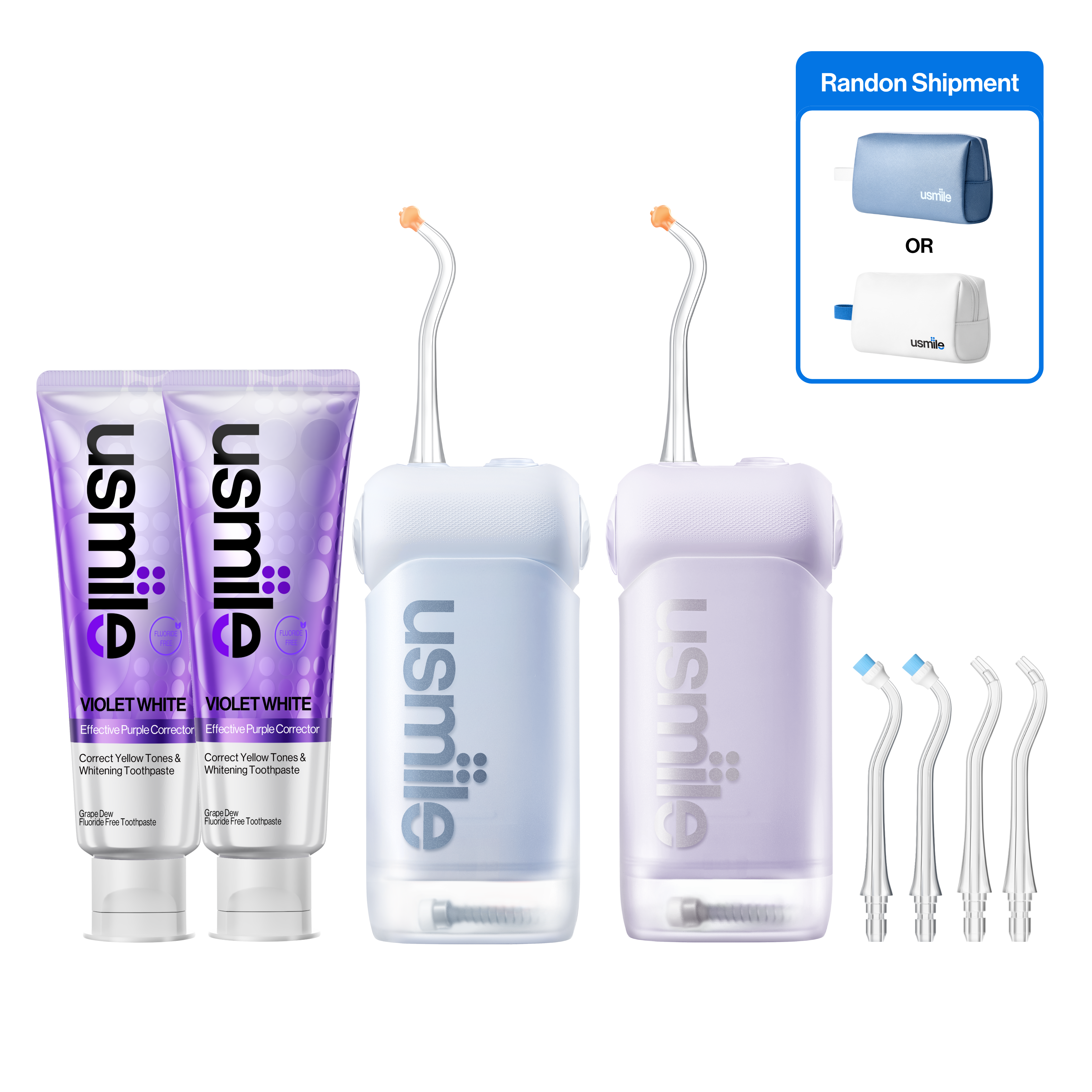 usmile travel kit with two water flossers, two toothpaste tubes, four tips, and a randomly selected blue or white bag